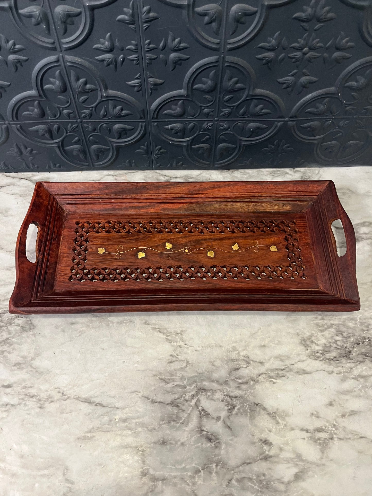 Rectangle Wood Tray With Brass leaf Inlay