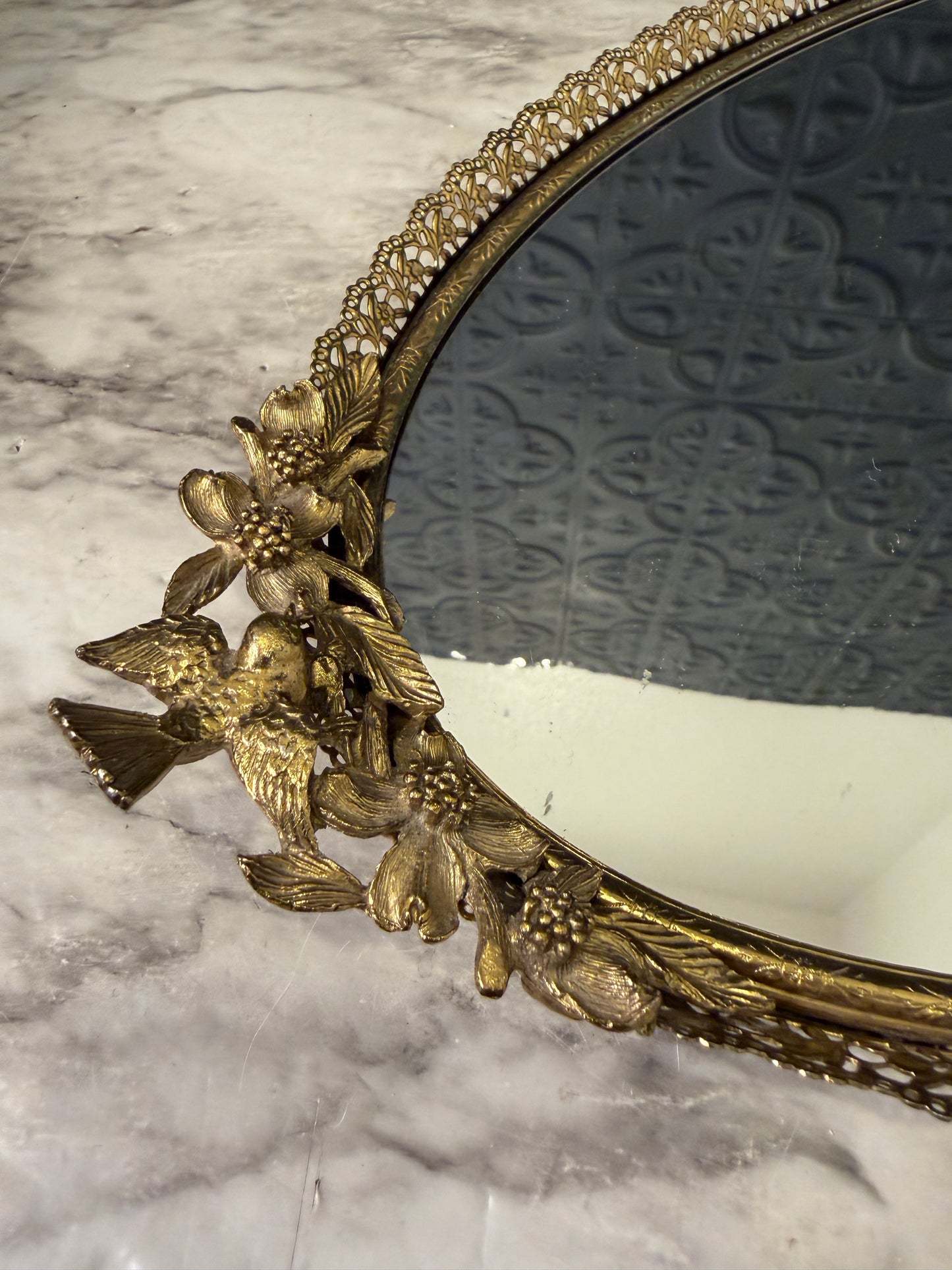 Brass Mirror Tray with Bird Handles 17.5"