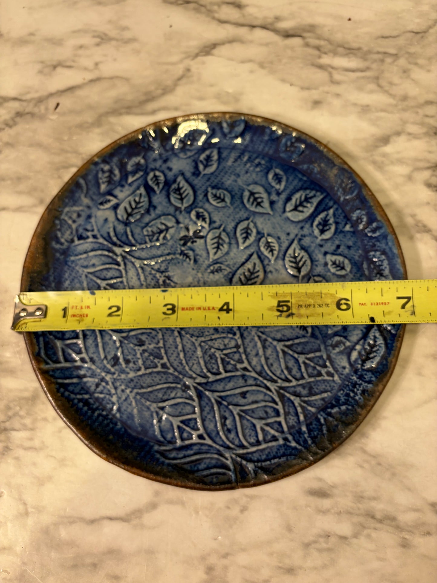 Blue Imprinted Pottery Plate 7"