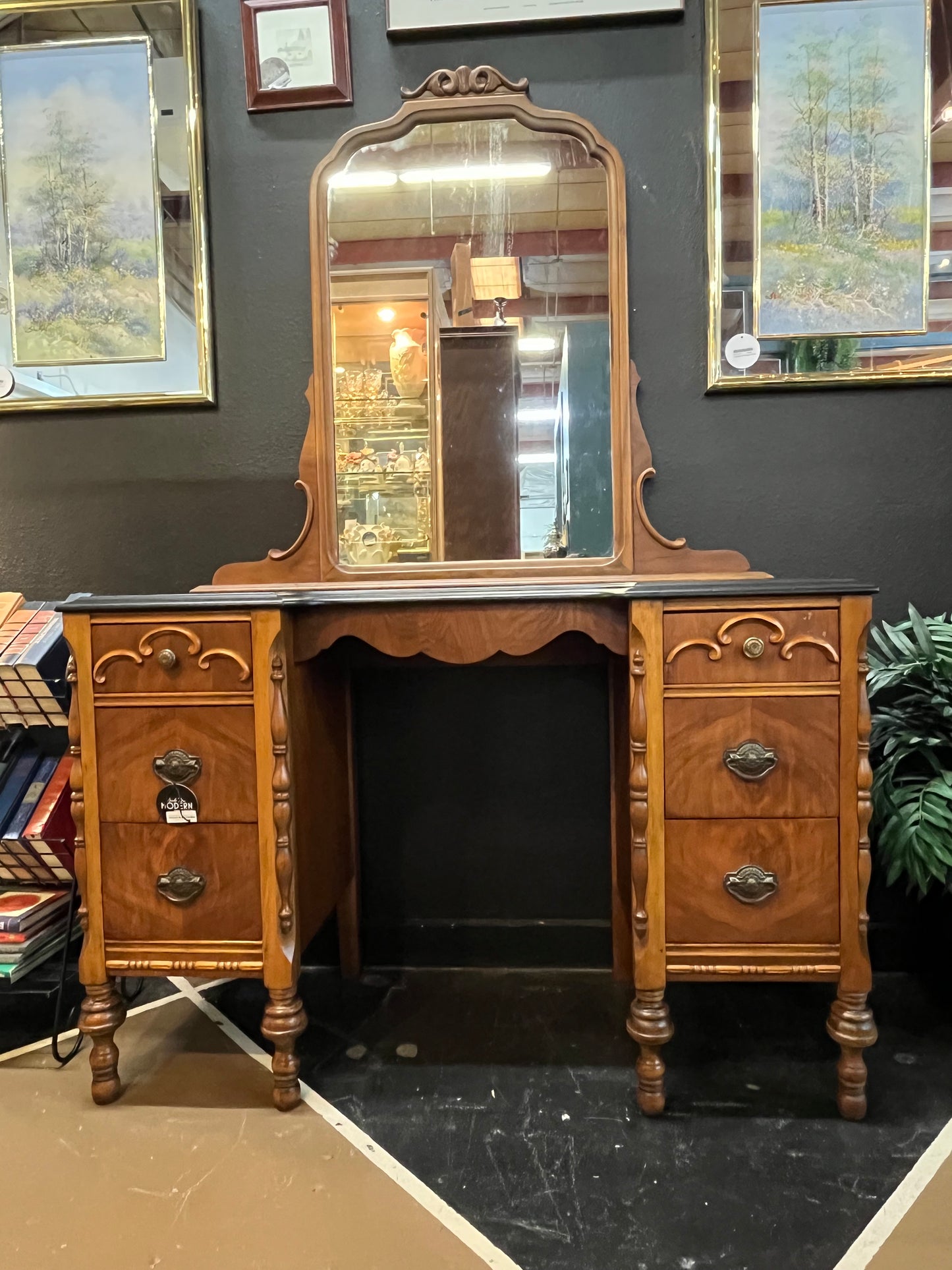 Antique Vanity with Black Top and Mirror