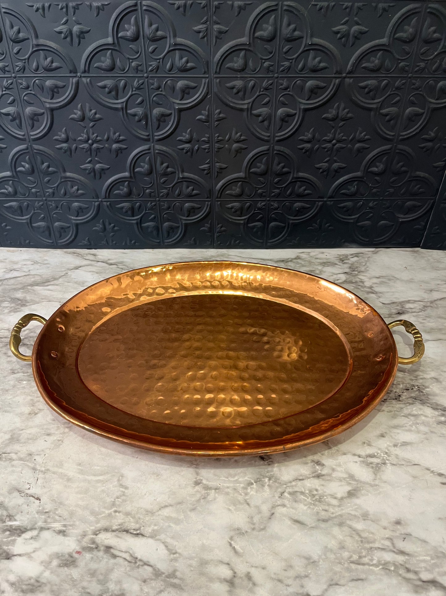 Oval Hammered Copper Tray with Brass Handles 15"
