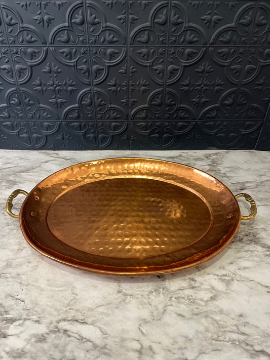 Oval Hammered Copper Tray with Brass Handles 15"