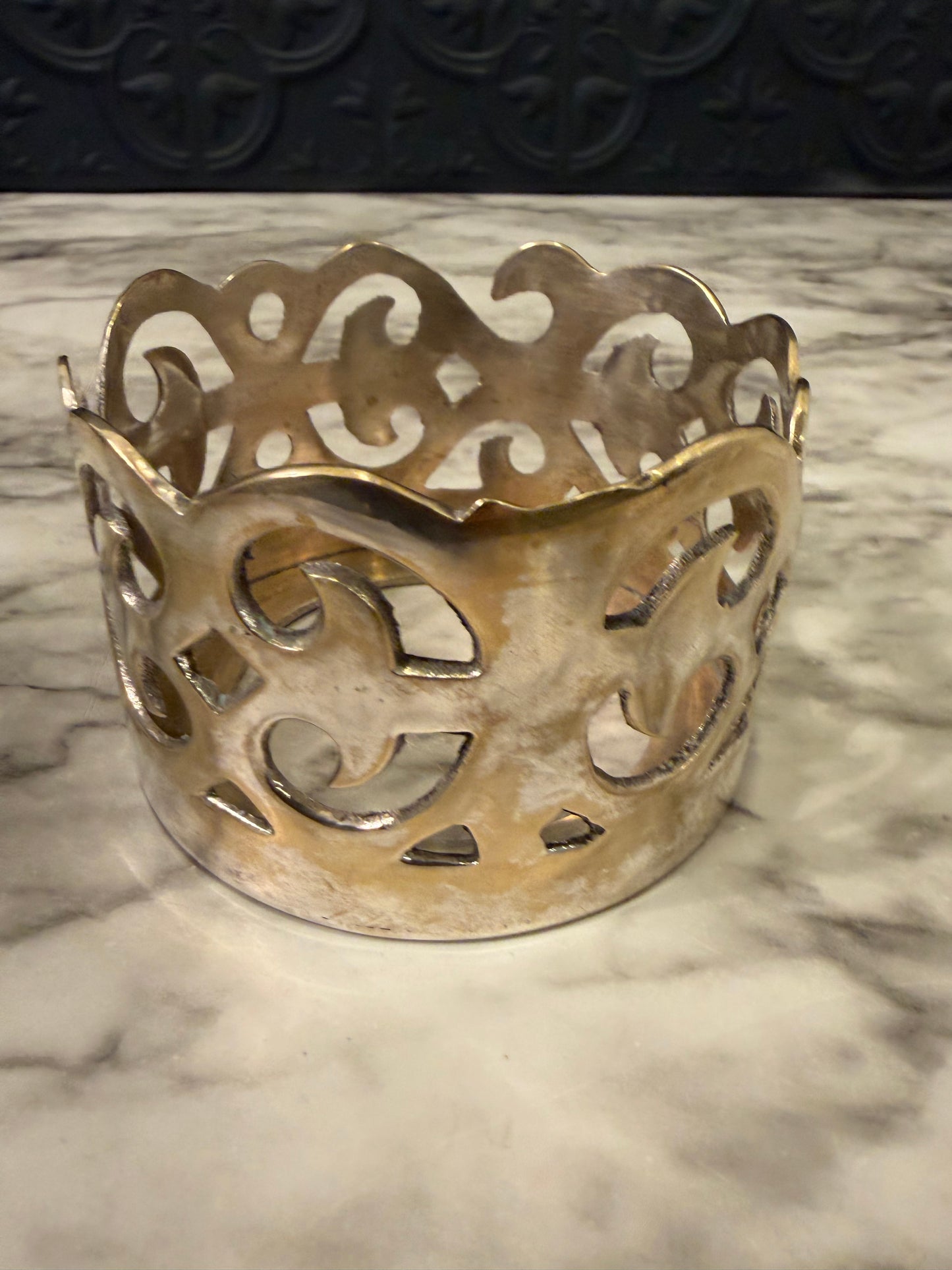Silver Plate Pillar Candle Holder with Cutout