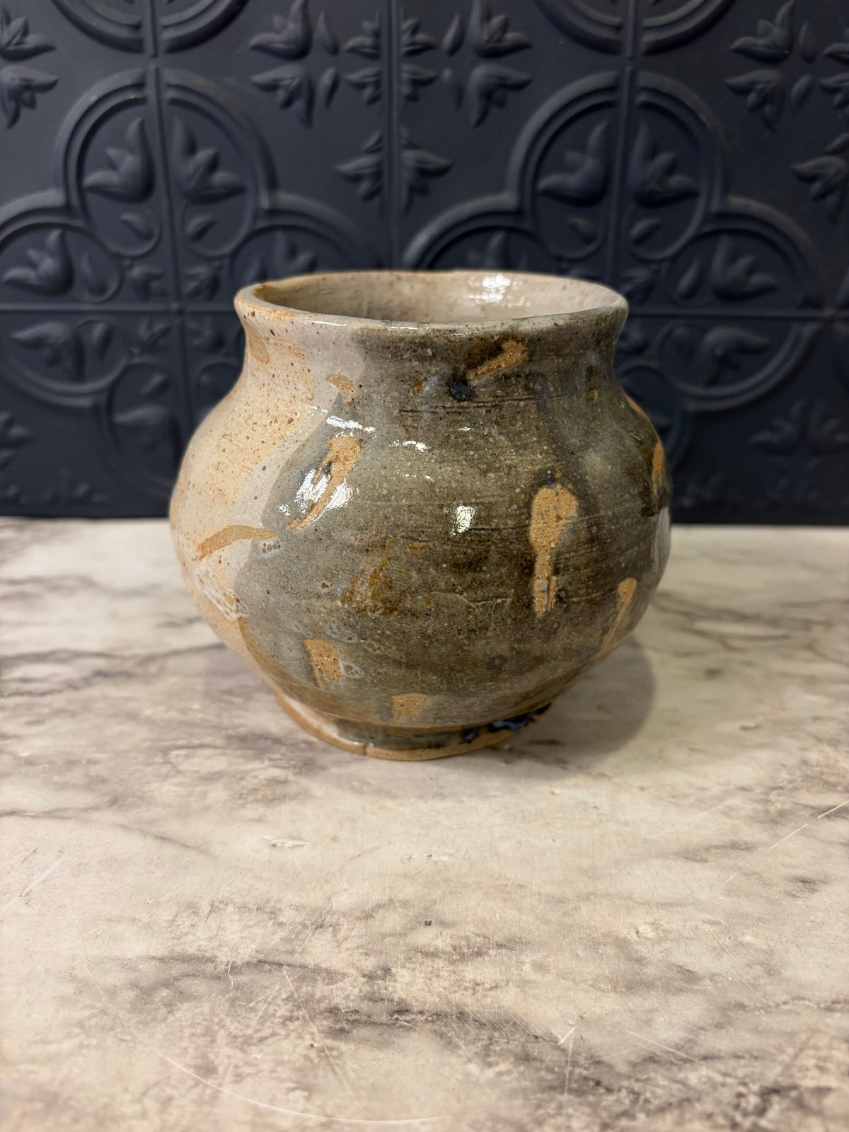Studio Pottery Flare Mouth Vase 4" Tan andGreen