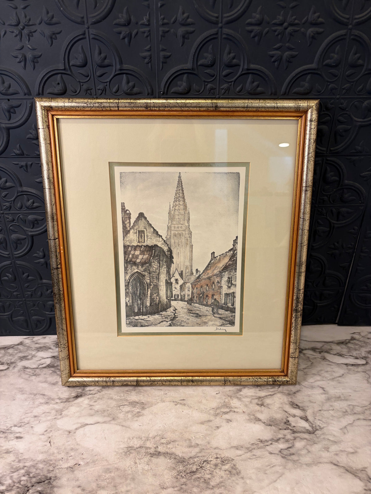 Print of Colored Etching by Roger Hebbelinck Street with Cathedral