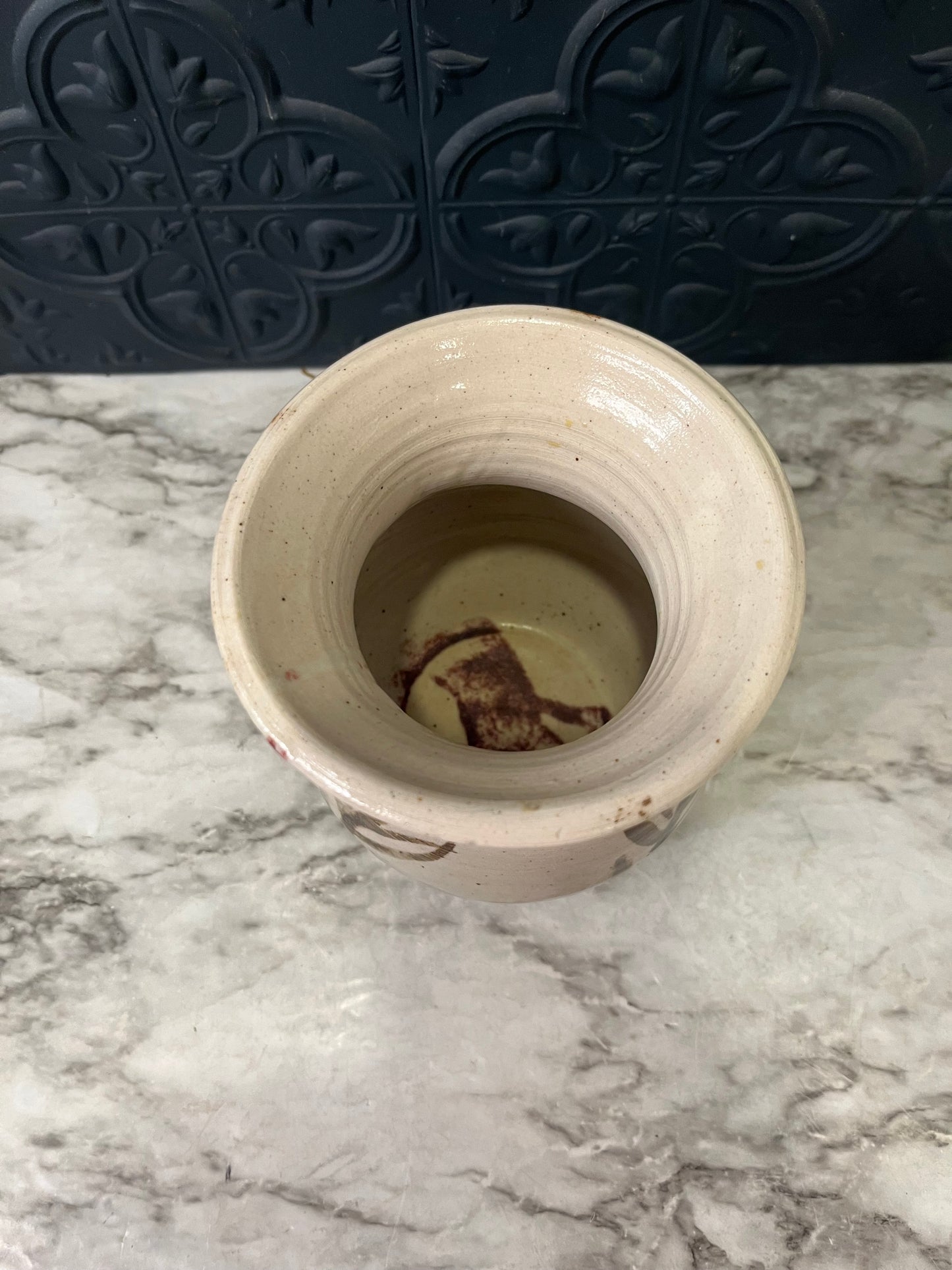 Fluted Cream Pottery Vase with Leaf design