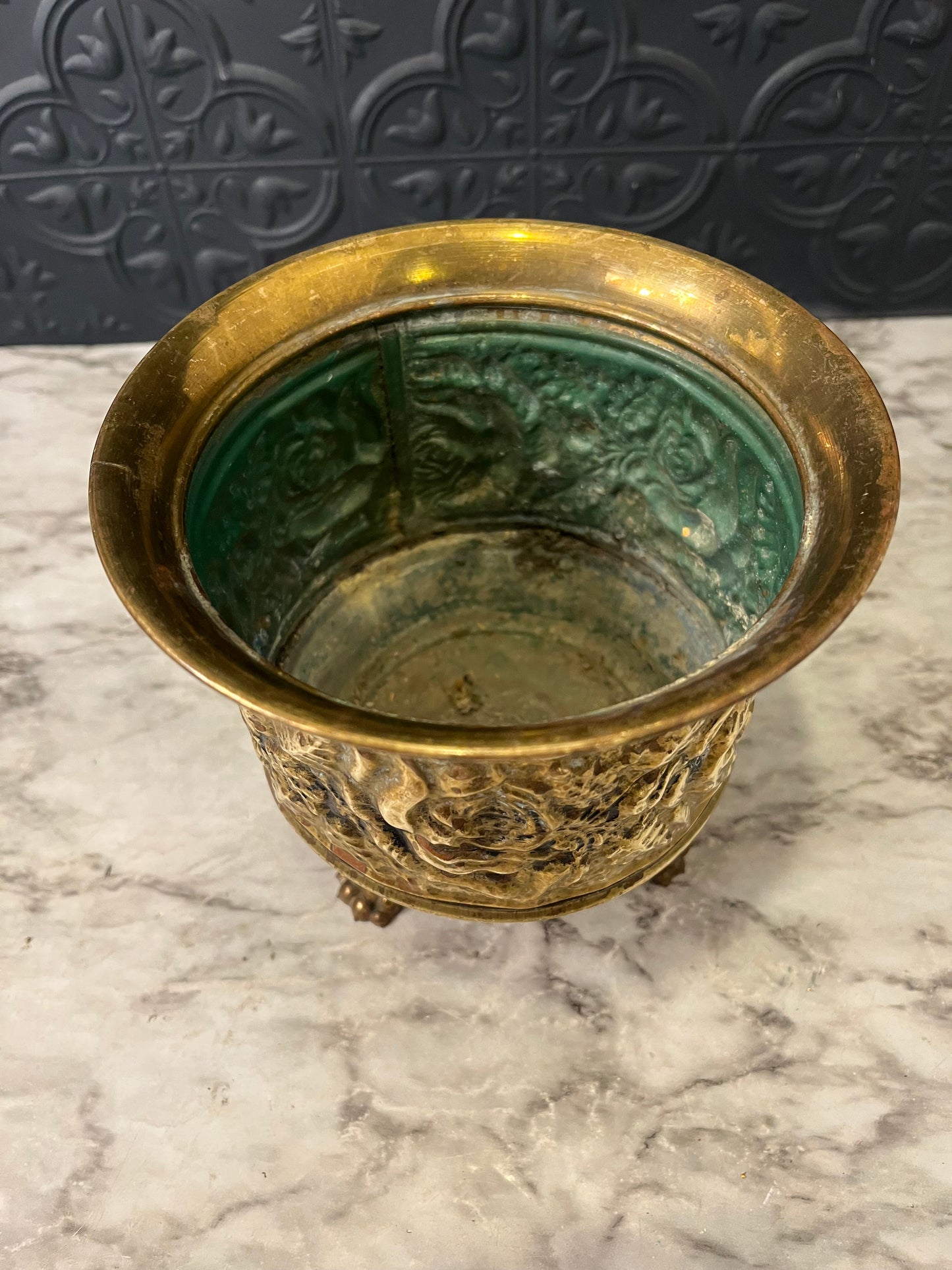 Footed Brass Pot with Rose relief