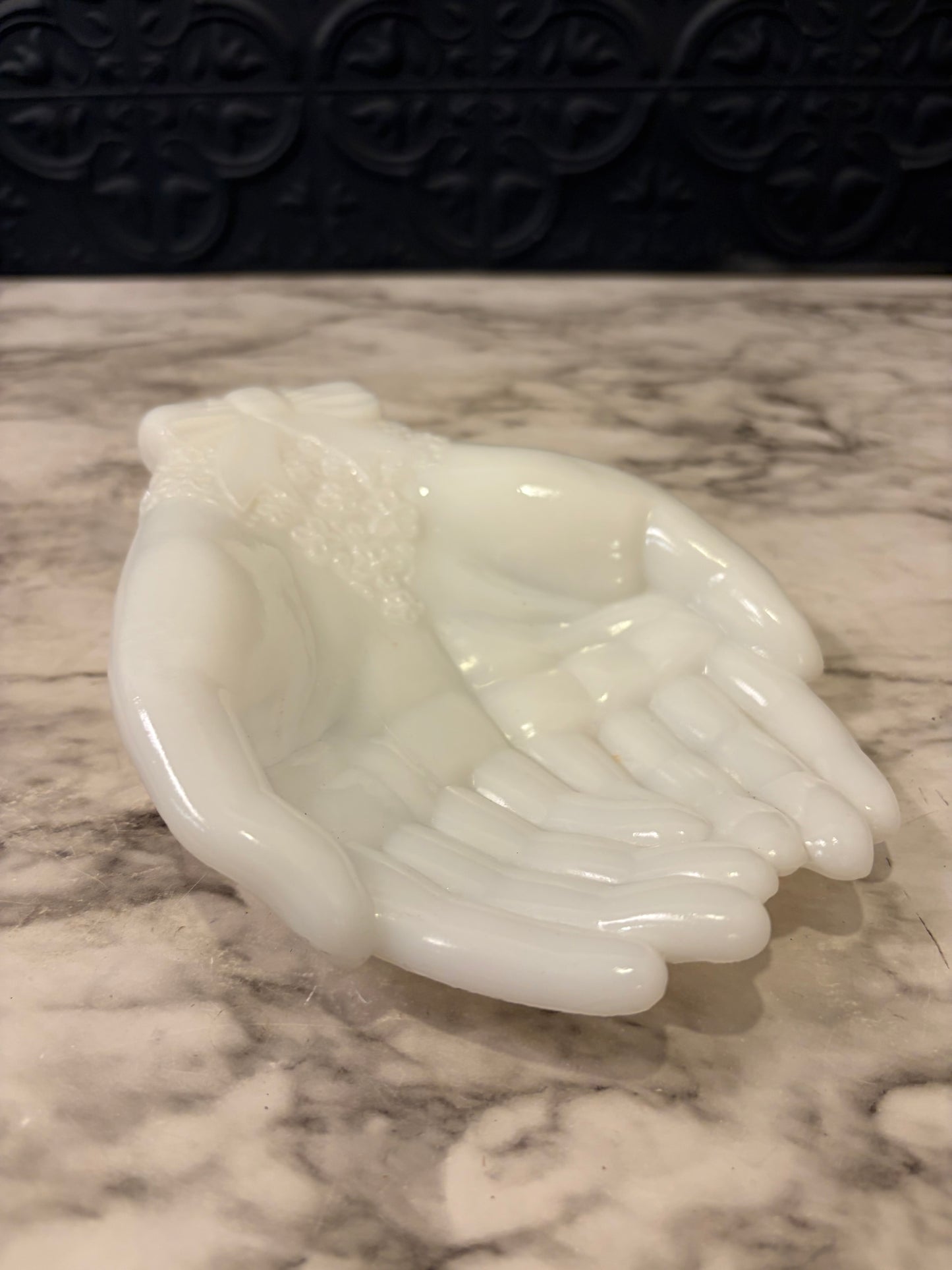 Milk Glass Hands Trinket Dish AS IS