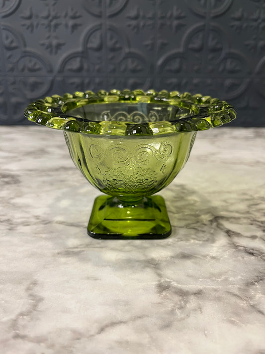 Green Glass Lace Edge Pedestal Bowl