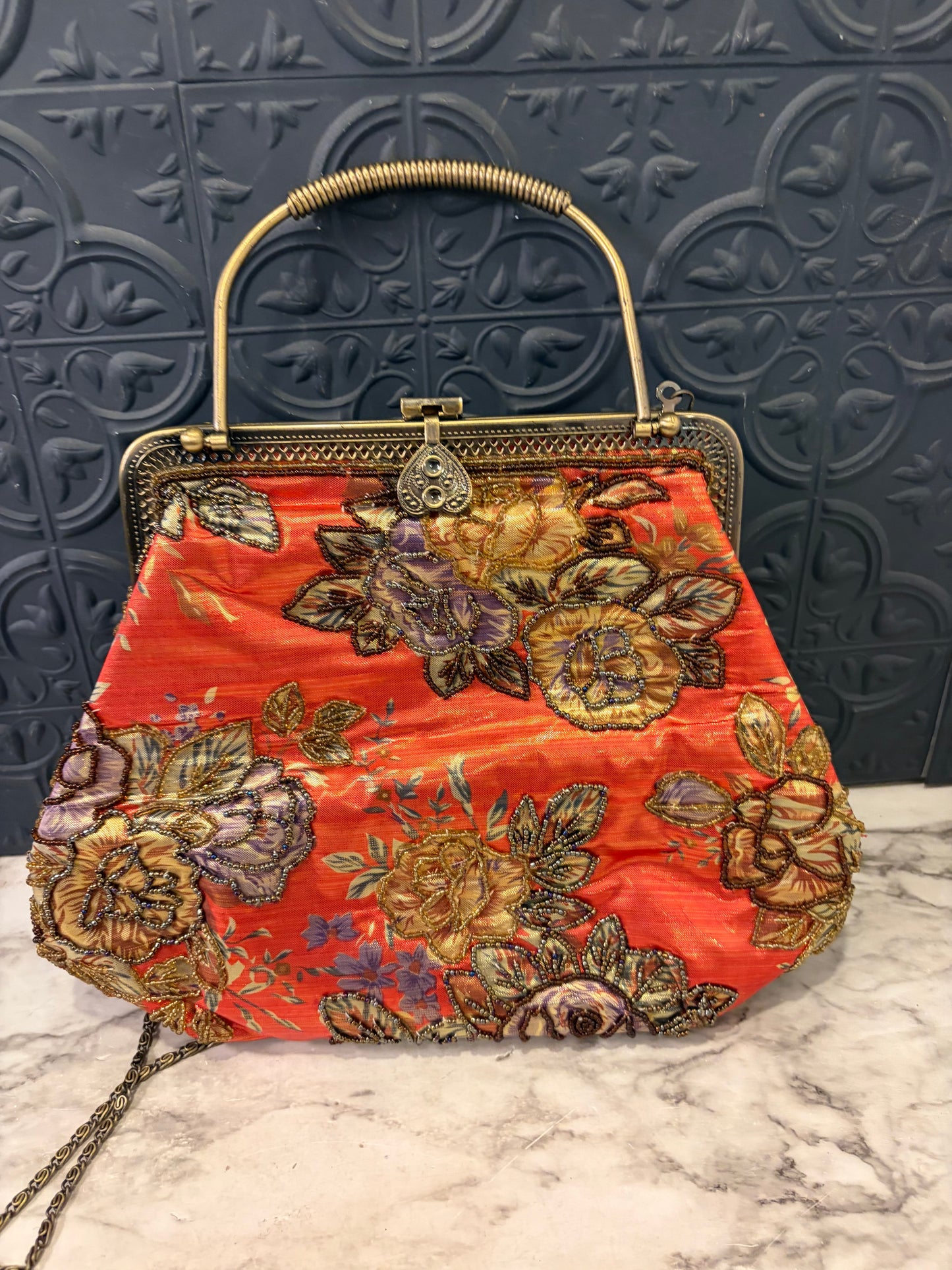 Orange Embroidered Clutch Handbag with Strap