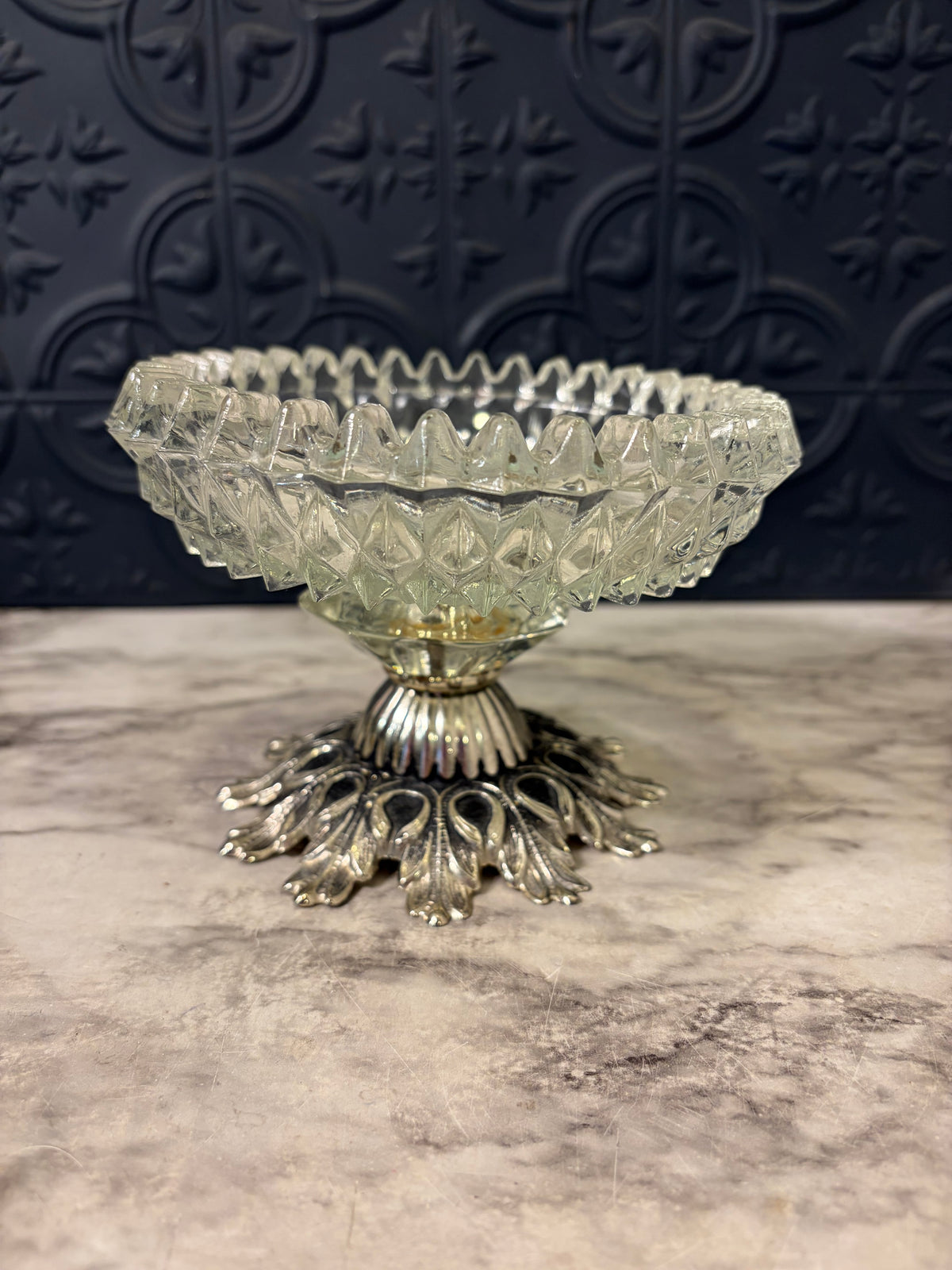 Pressed Glass Pedestal dish with Silver tone Metal Base