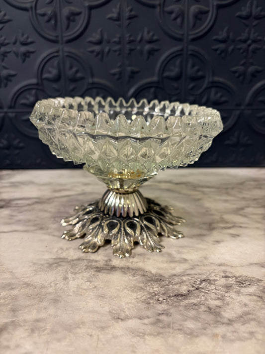 Pressed Glass Pedestal dish with Silver tone Metal Base