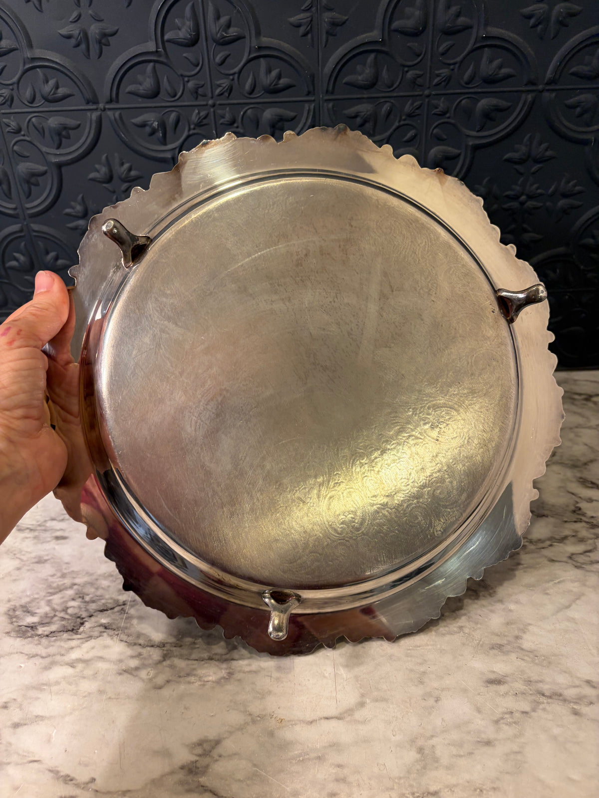 12" Silver Plate Etched Tray with Feet