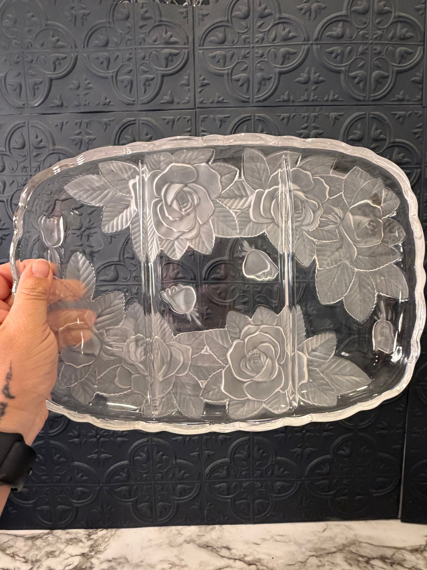 Mikasa Clear Glass Split Platter with Rose Relief