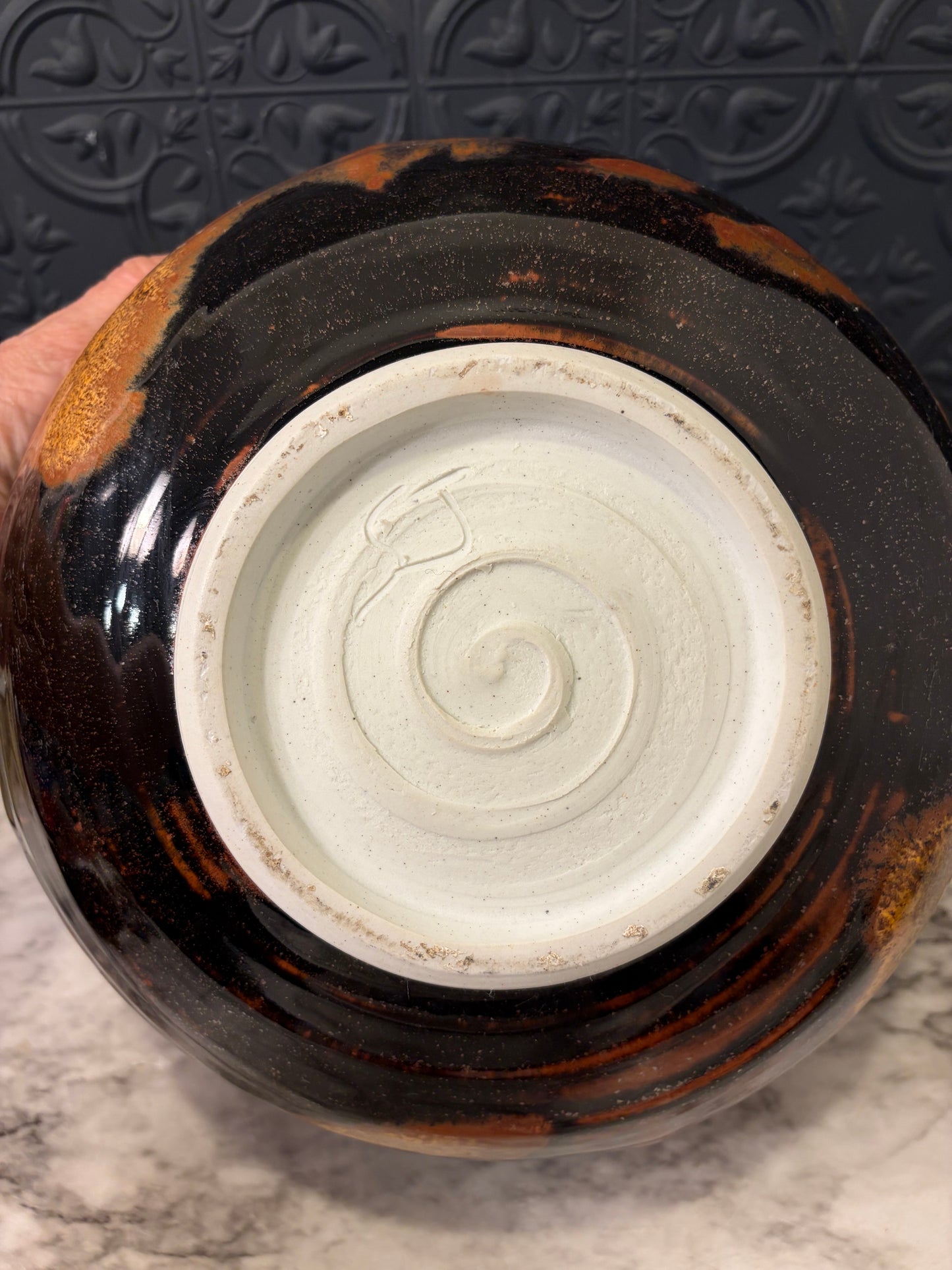 Large Studio Pottery Black and Orange Fruit Bowl