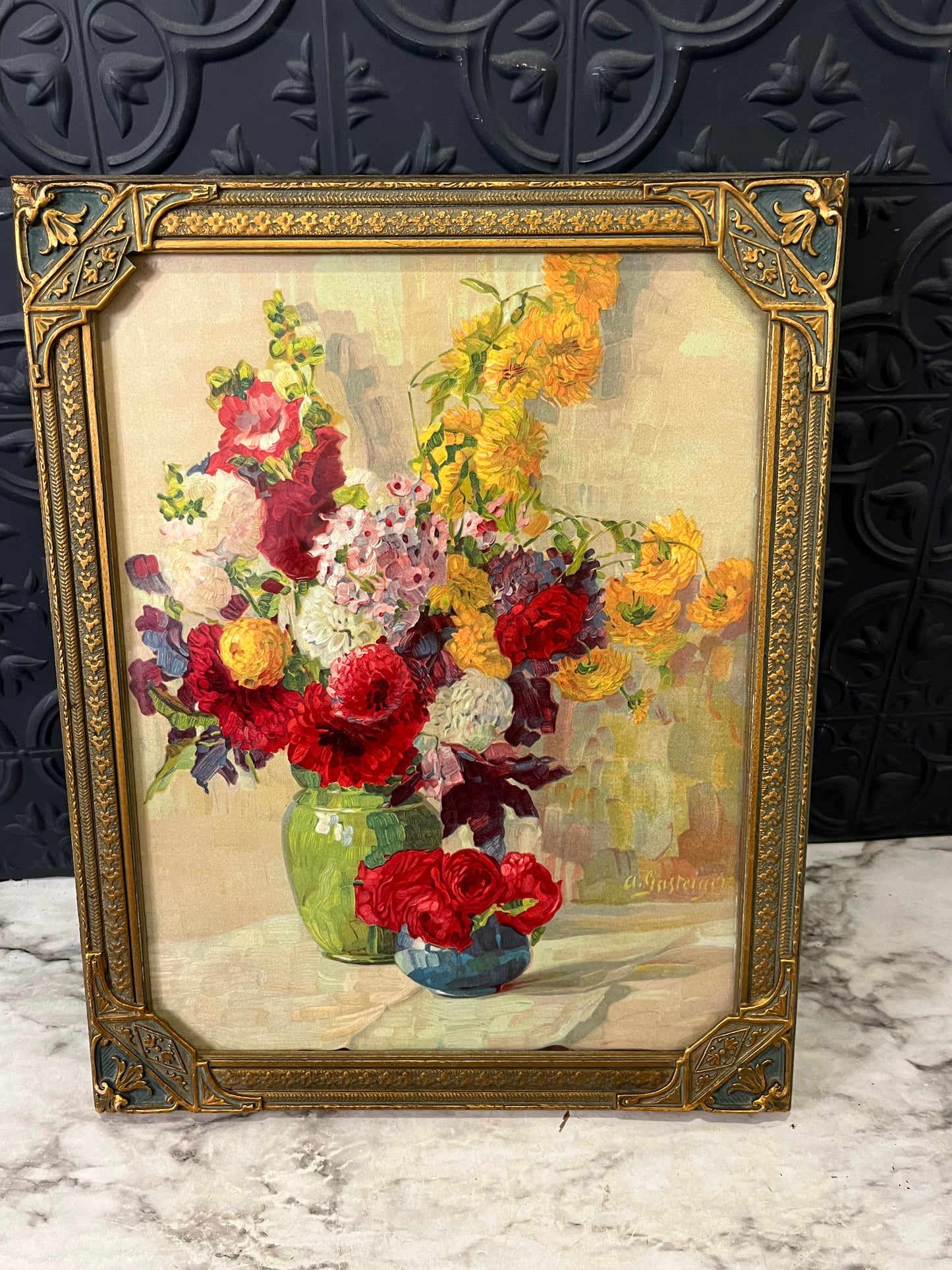 Two Floral Bouquets in Intricate Gold Frame