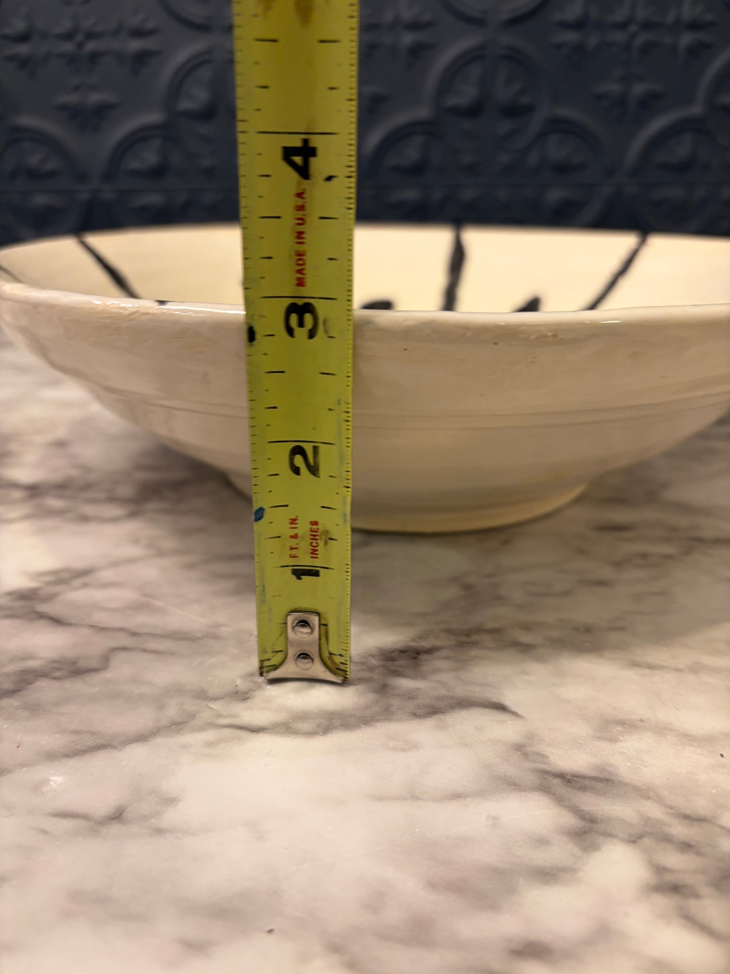 Studio Pottery Cream Bowl with Black Lines and Dots