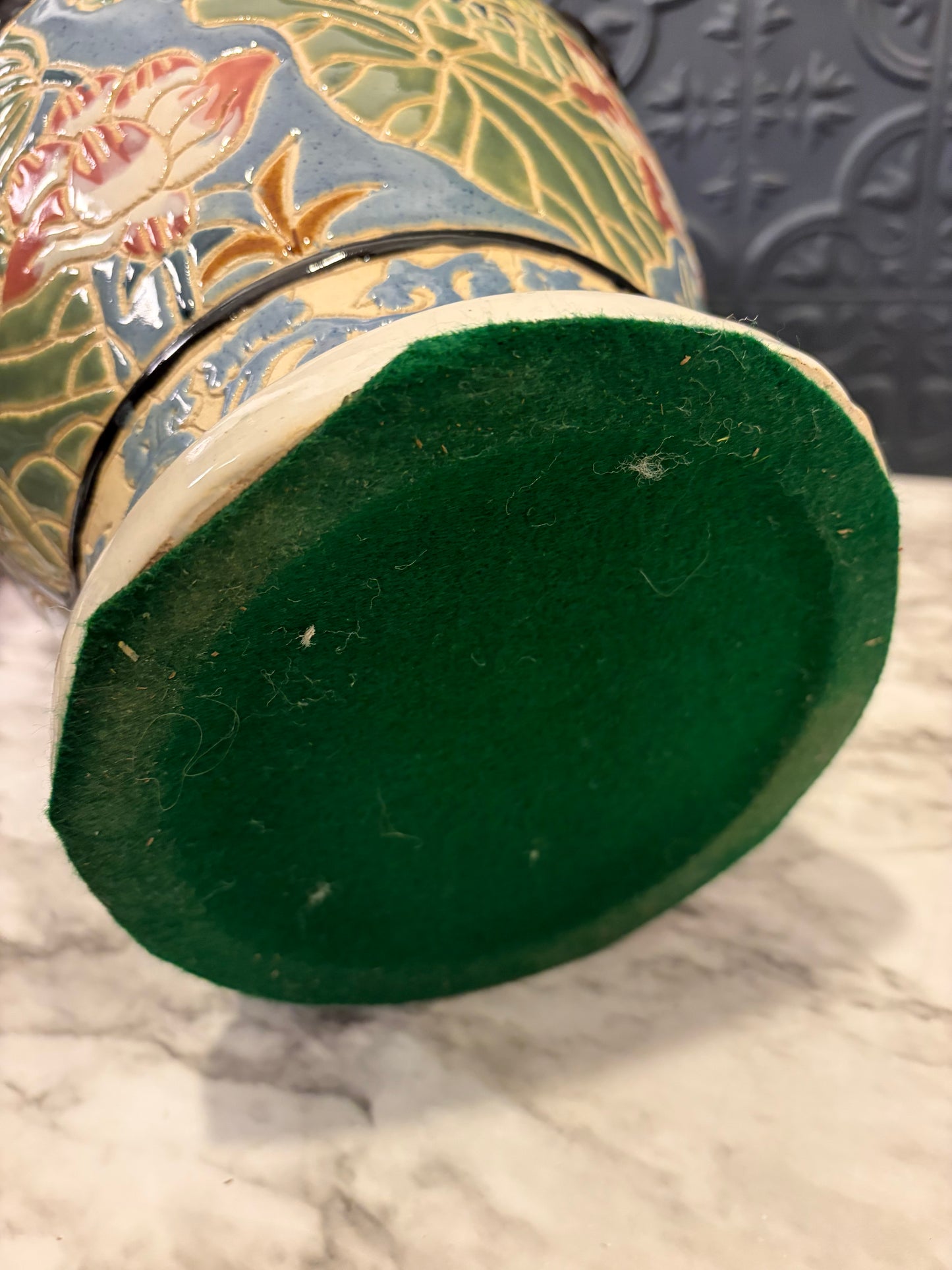 Ceramic Ginger Jar with Flowers and Lion Handles AS IS