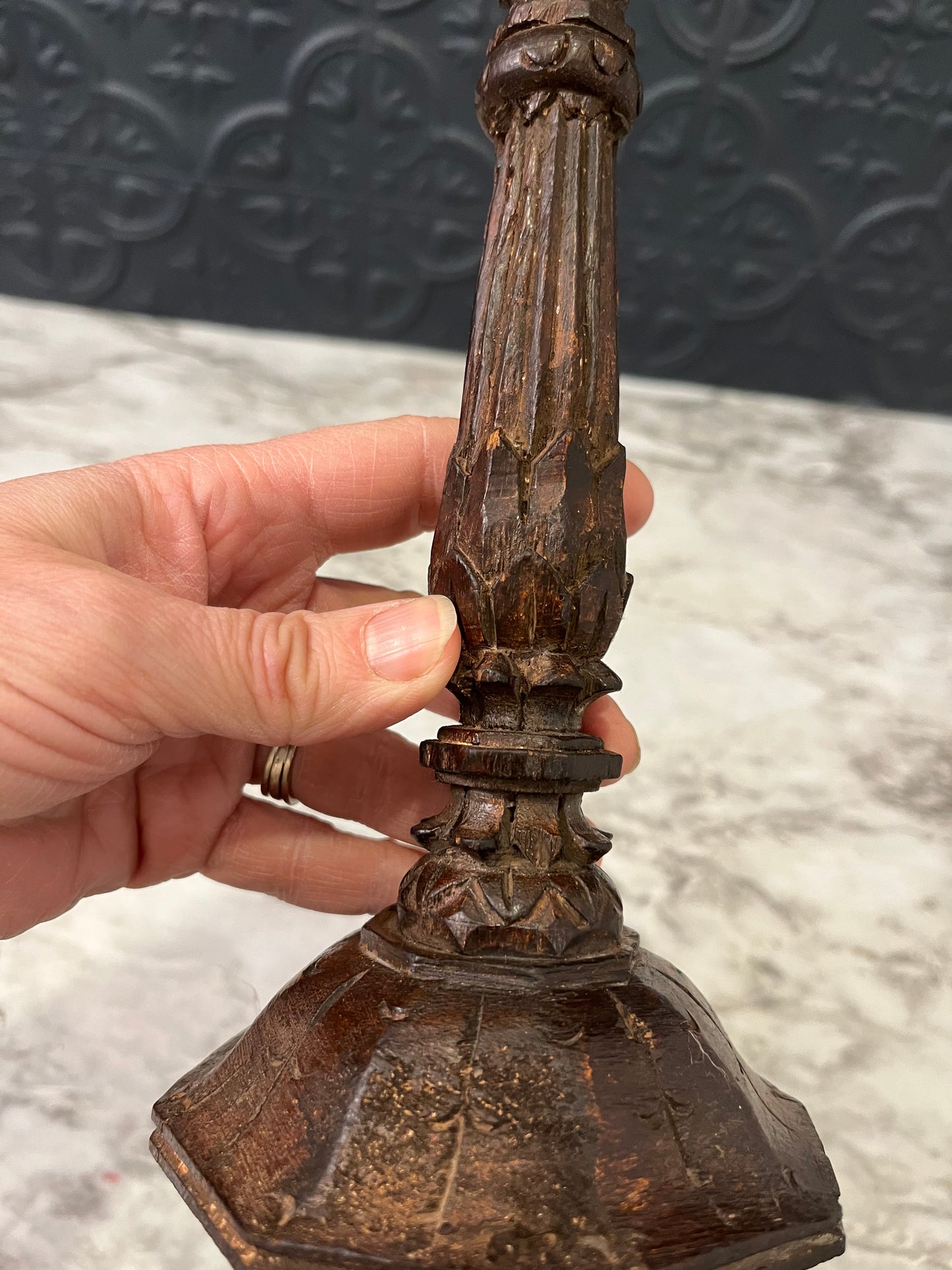 Dark Wood Hand Carved Candle Holder