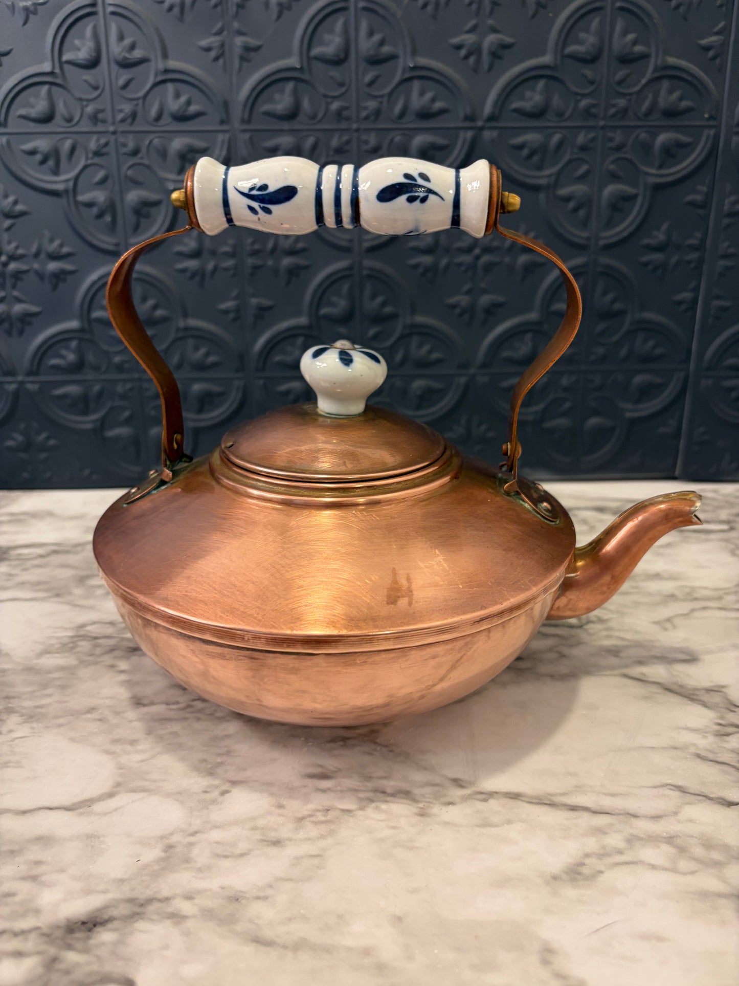 Copper Teapot Kettle with Porcelain Handles