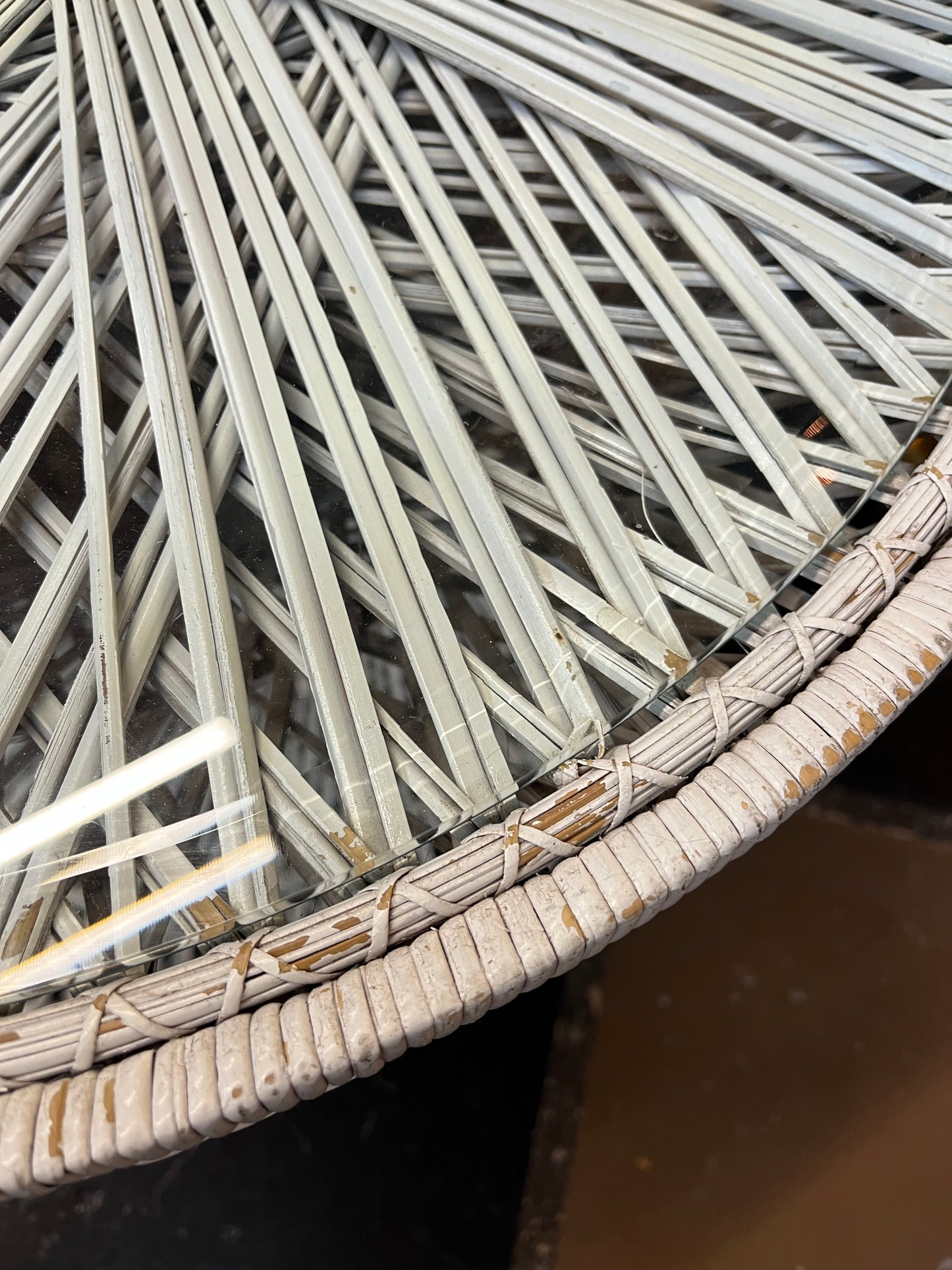 White  Wicker Round Table with Glass Top