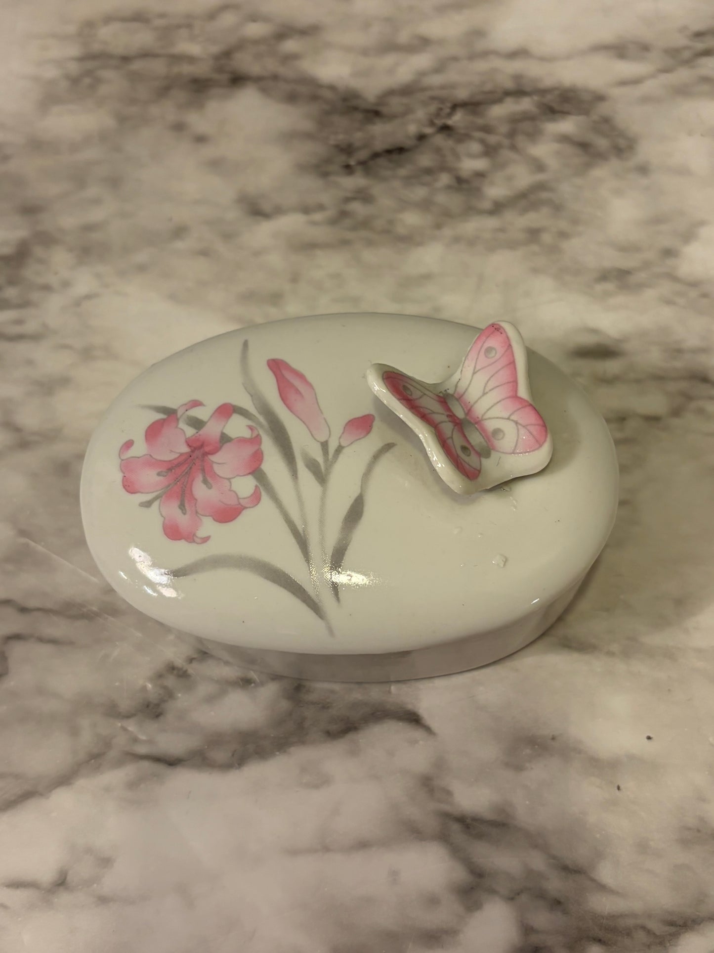 Small Oval Trinket Box with Pink Flowers and Butterfly