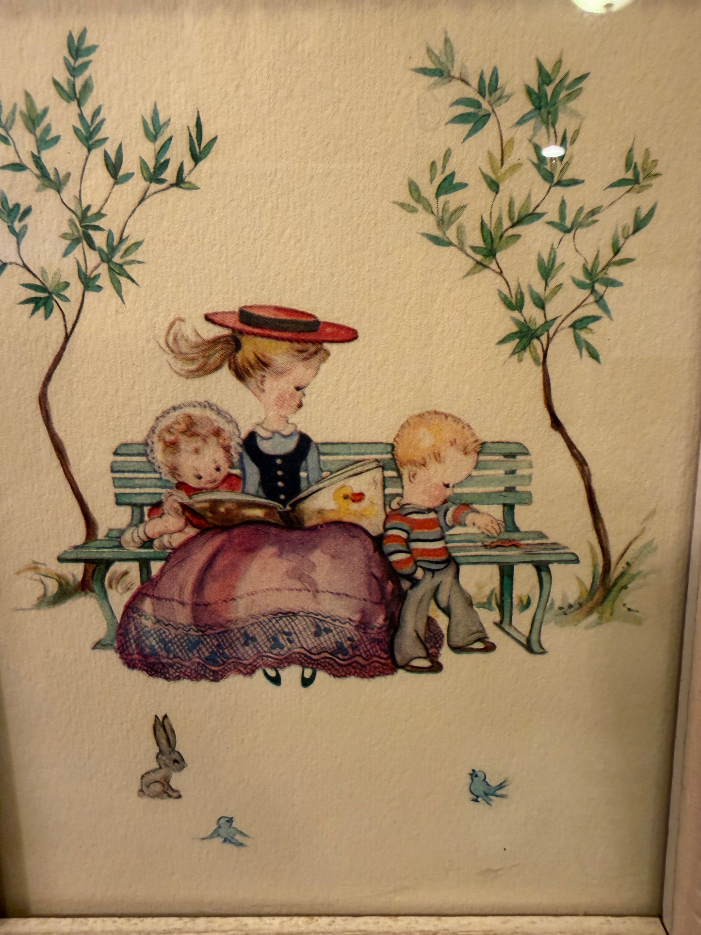 Gloria Briksen Lithograph of Mother and Children on Bench