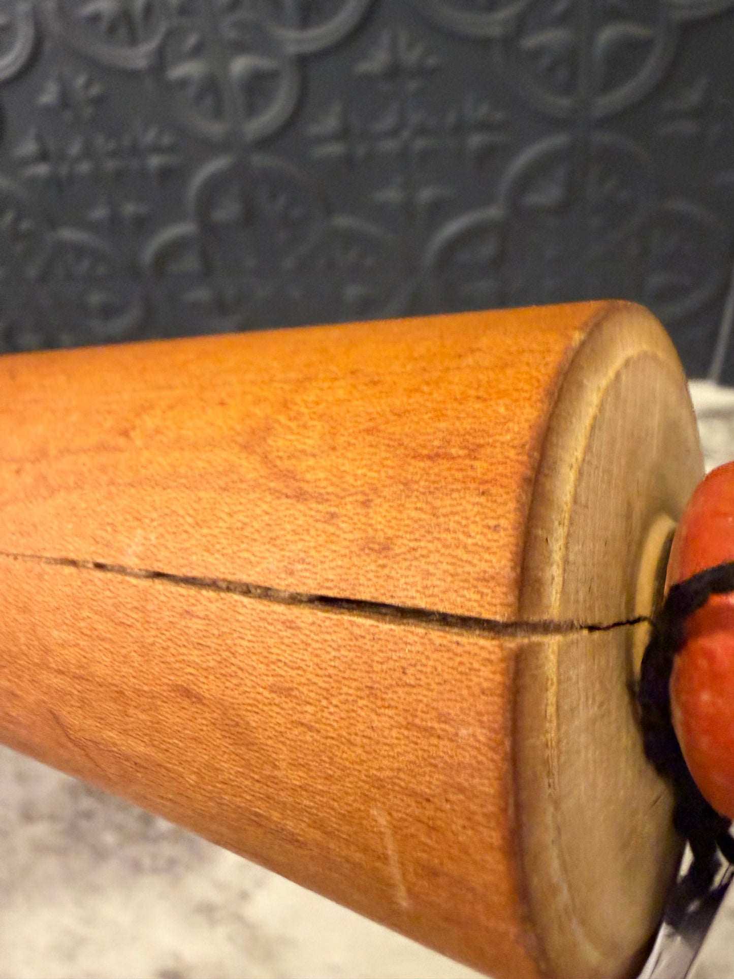 Wooden Rolling Pin with Faded Red Turned Handle