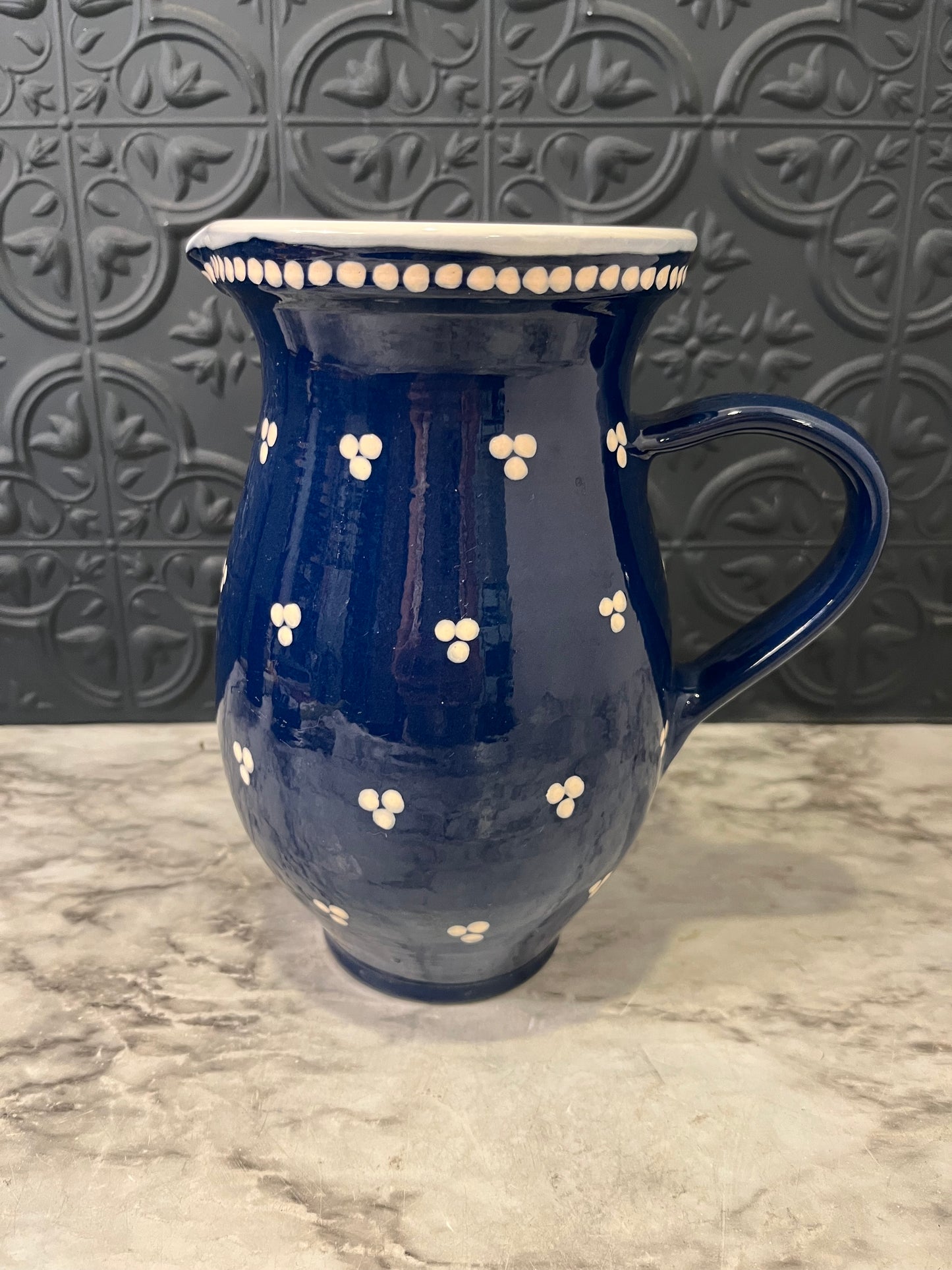 Blue and White Pitcher with White Dot Design