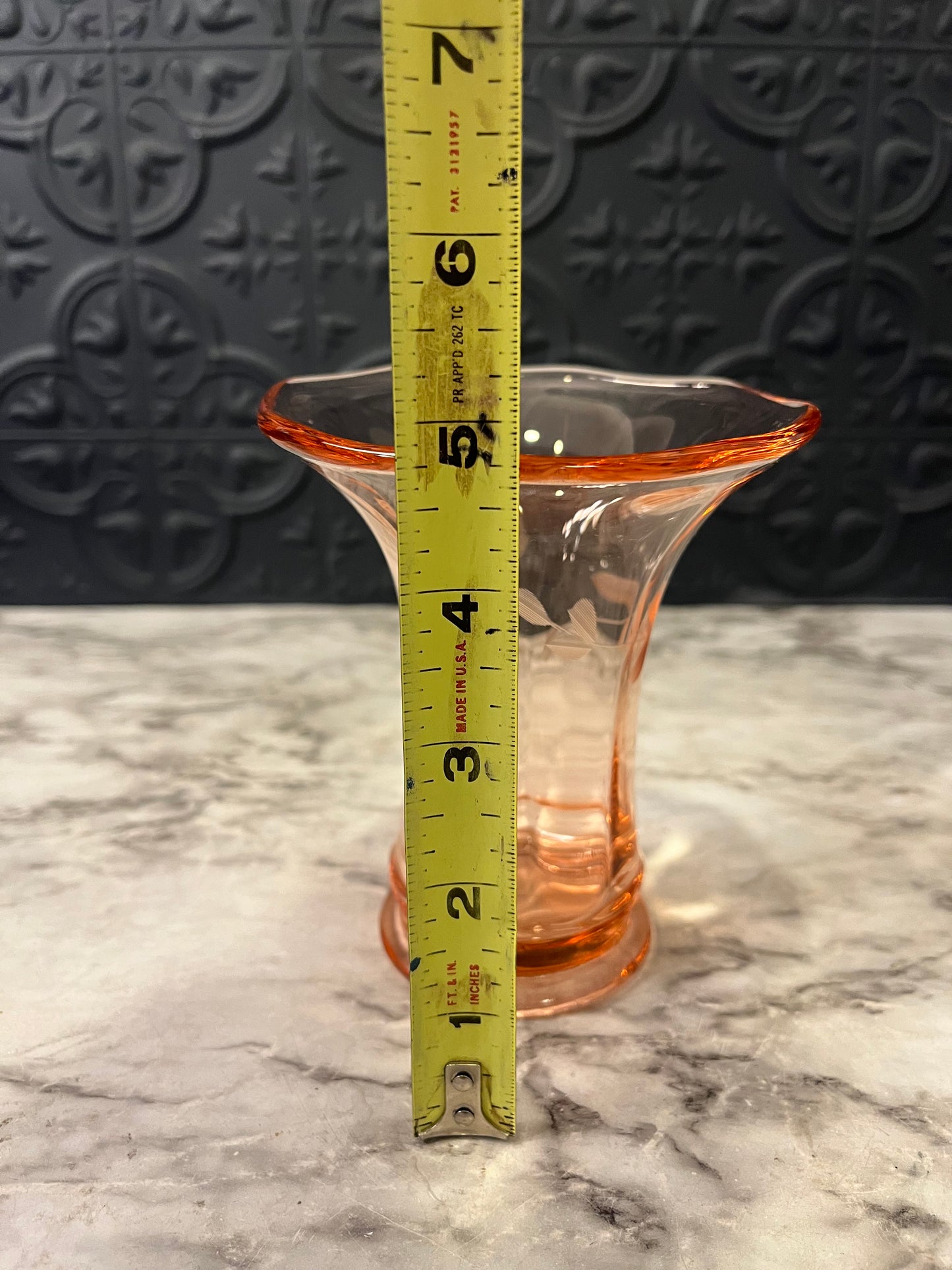 Pink Glass Trumpet Vase with Etching