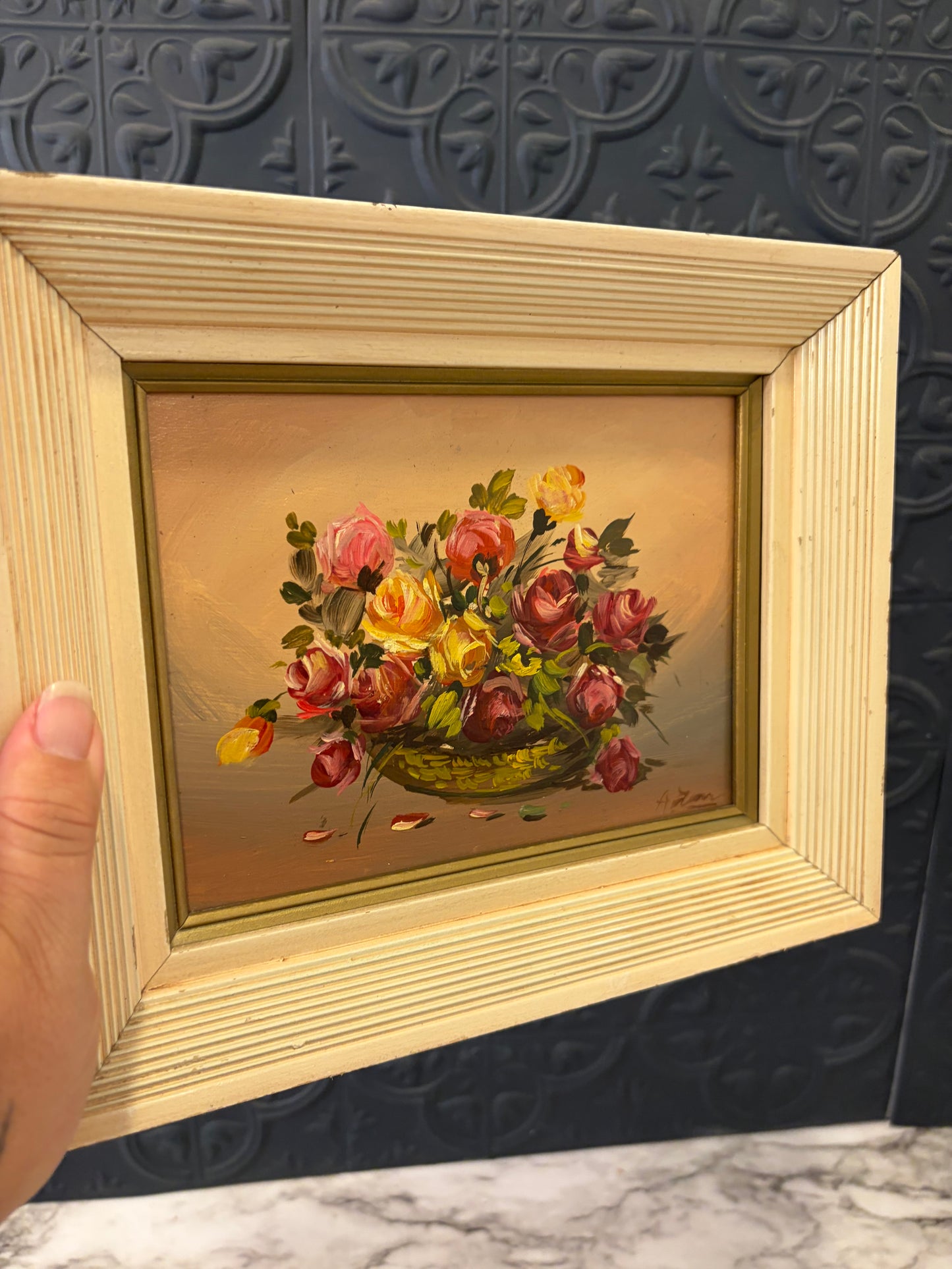 Red, Yellow Floral Oil Print in Cream Frame