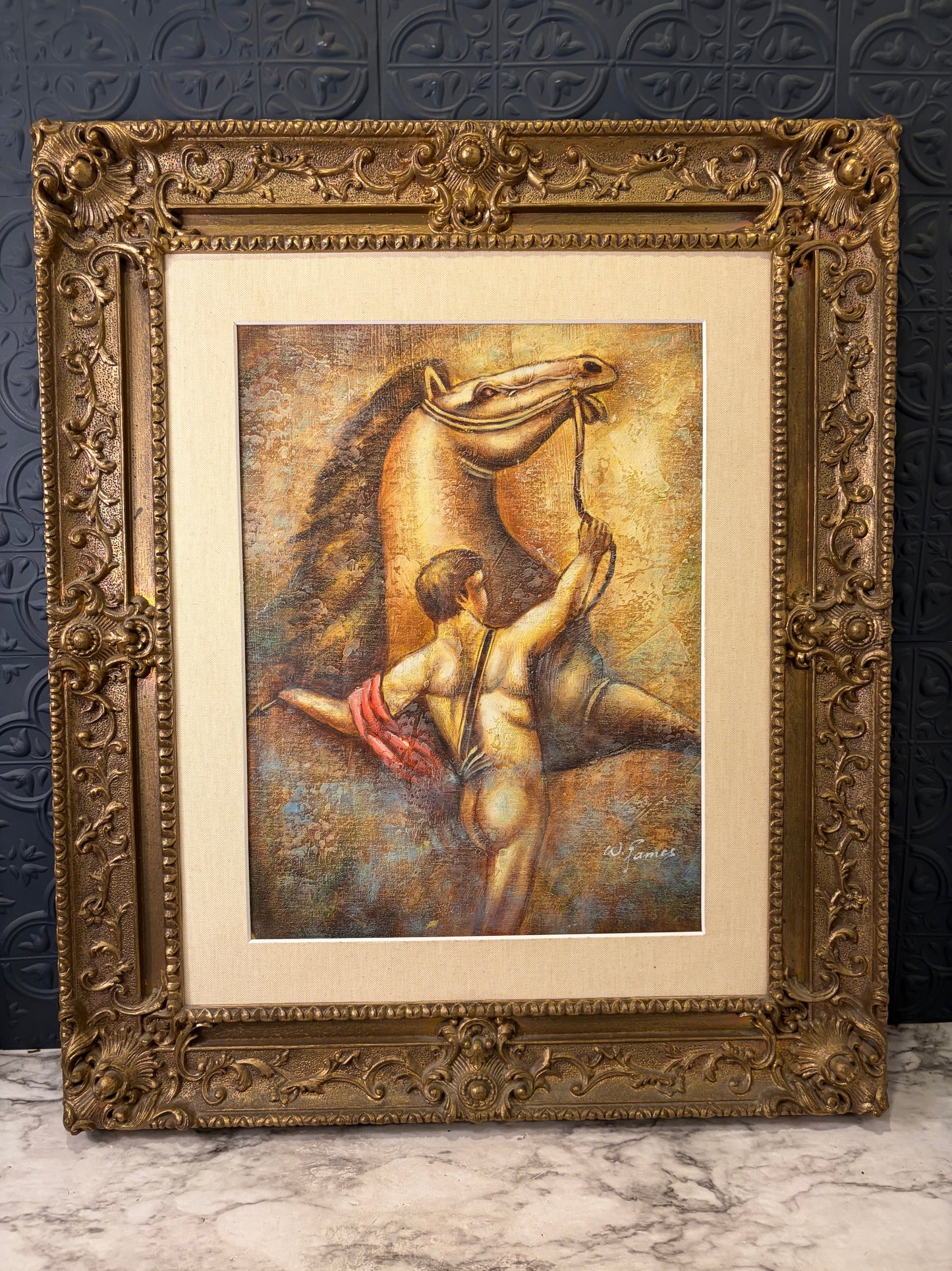 Man and Horse Painting in Frame - w. James
