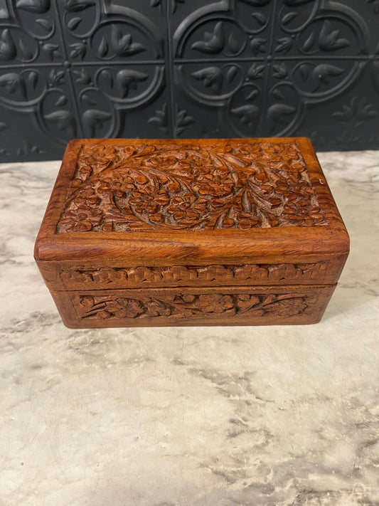 Carved Wood Box with Flowers 6"