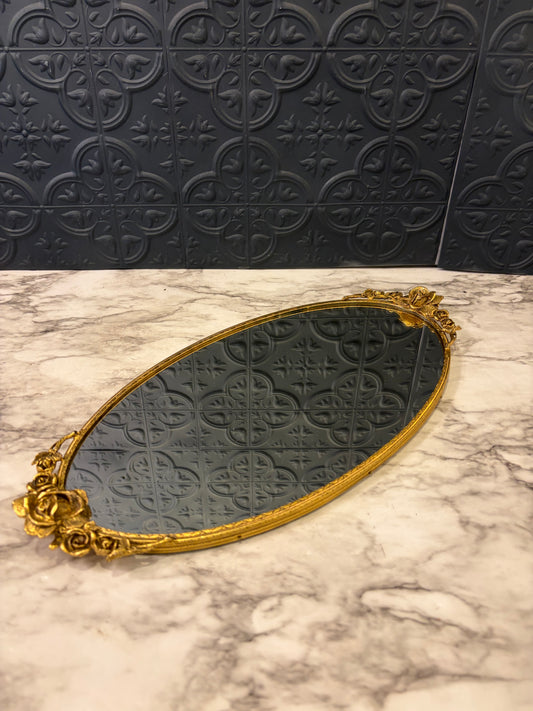 Oval Brass Mirror Tray with Roses 17"