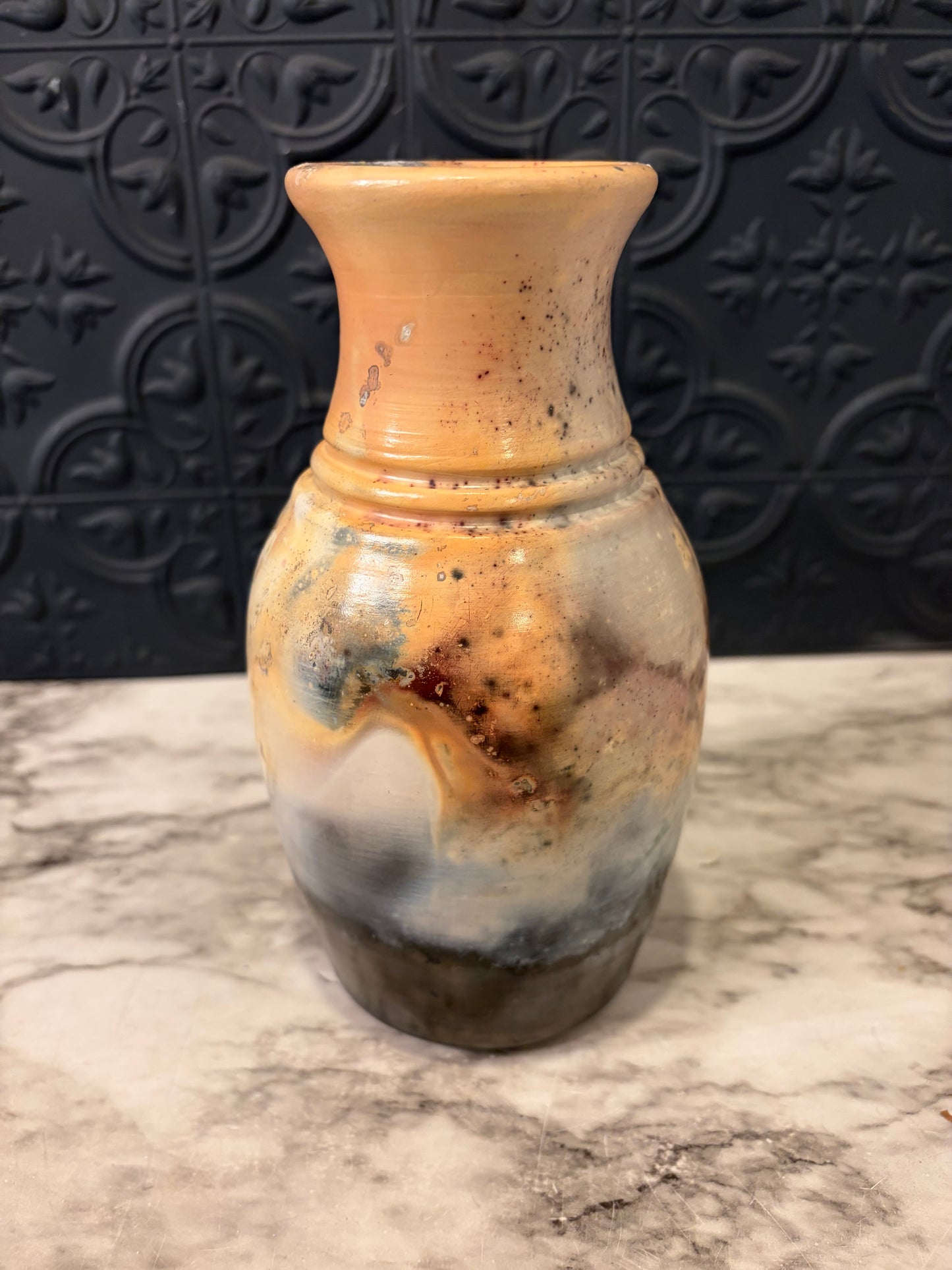 Studio Pottery with Pit Fire Technique Peach and blue
