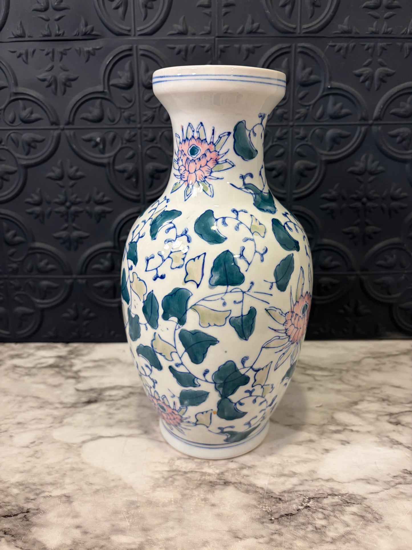 Chinese Vase with Pink and blue Leaves and flowers