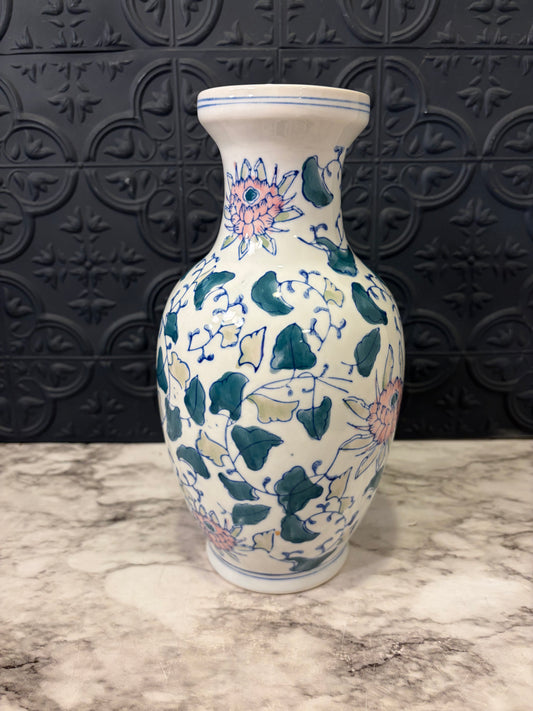 Chinese Vase with Pink and blue Leaves and flowers