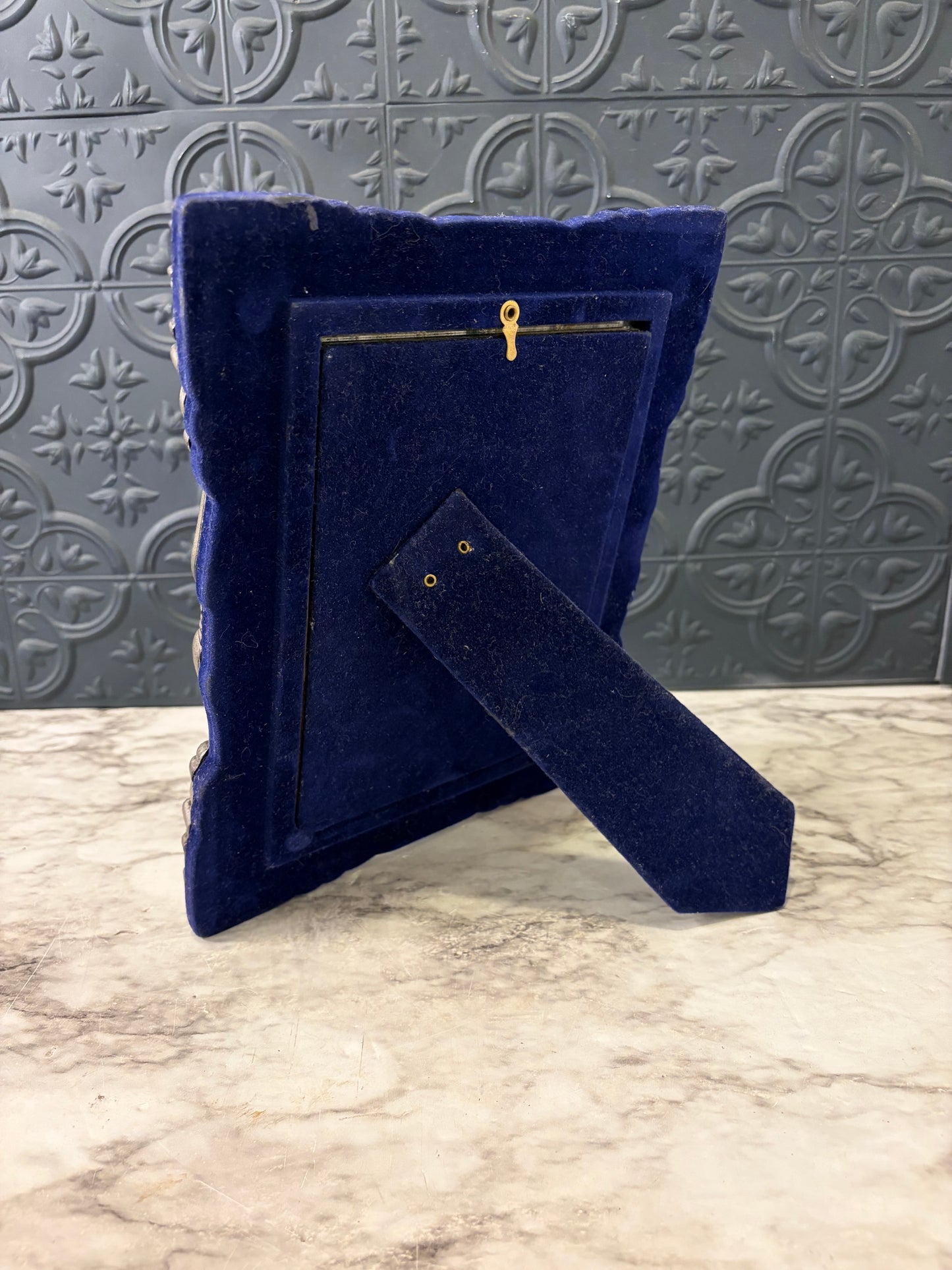 Vintage Ornate Silver tone Frame with Bllue Velvet Back