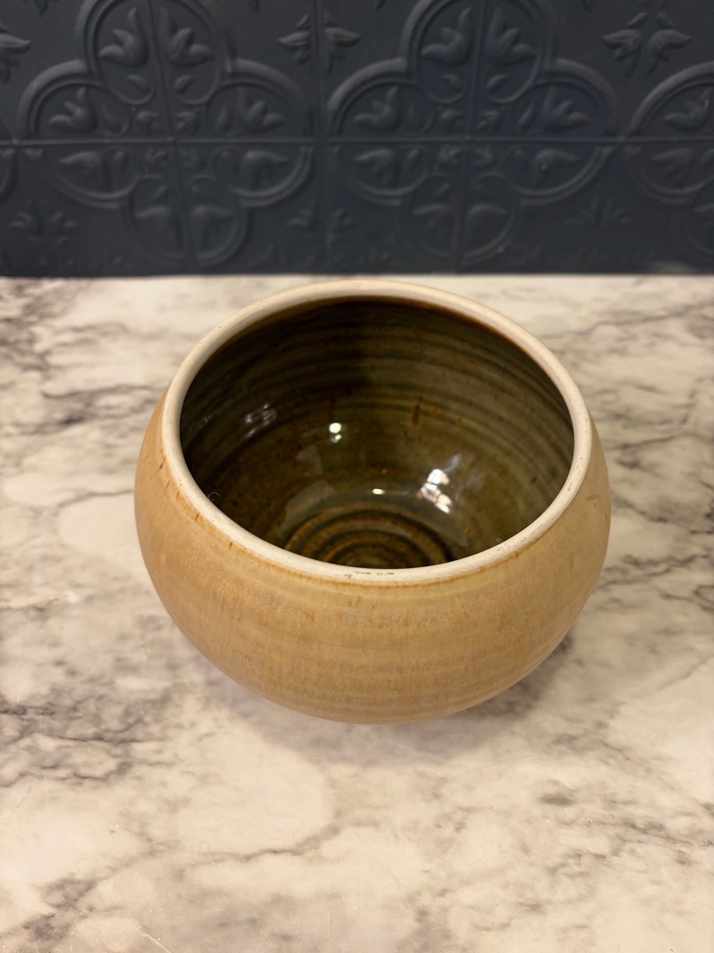 Studio Pottery Bowl Tan outside Green inside