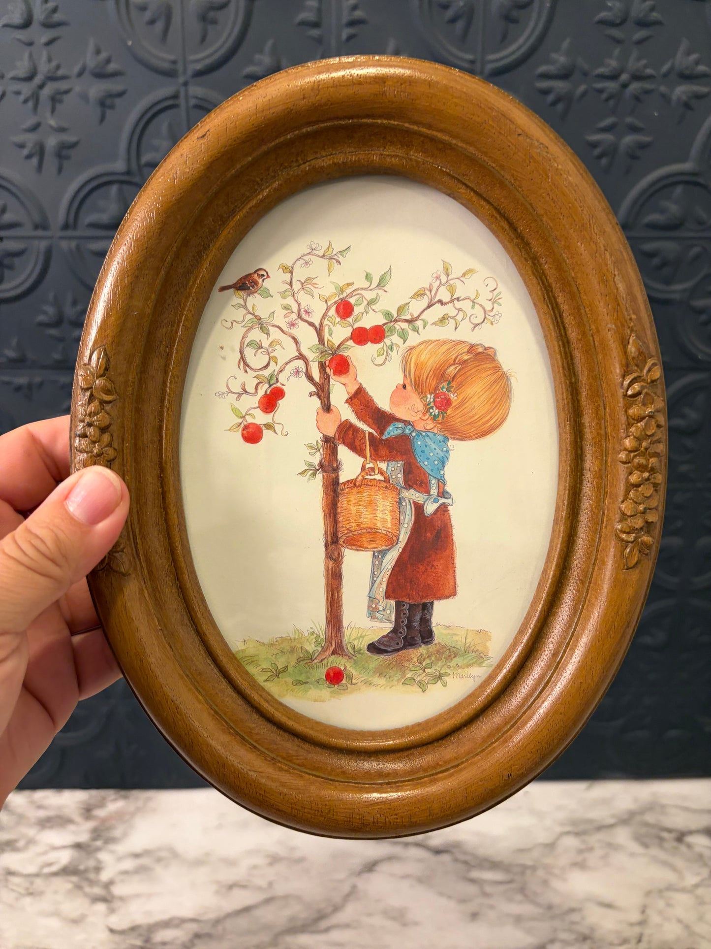 Oval Print of Girl Picking Apples