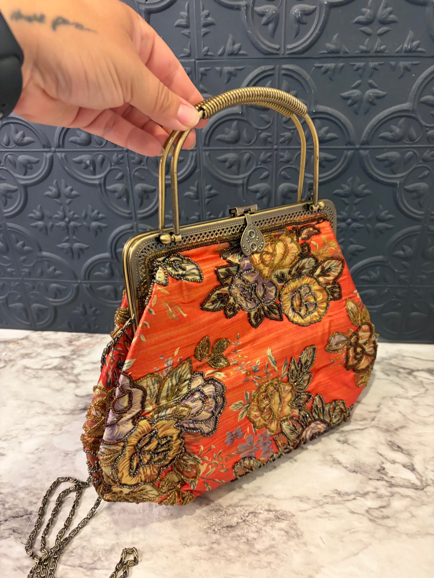 Orange Embroidered Clutch Handbag with Strap