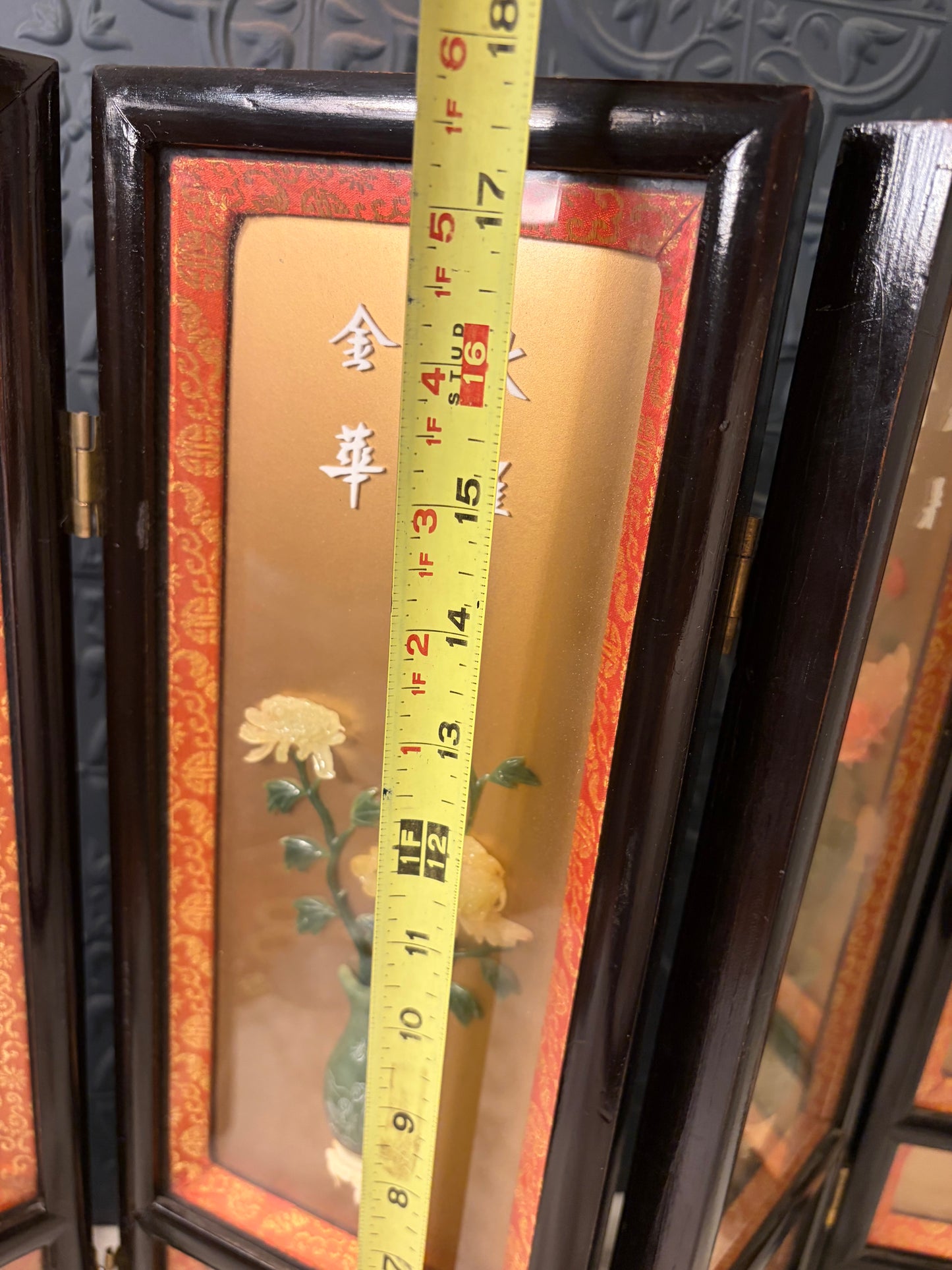 Four Panel Chinese Tabletop Stone Floral Screen