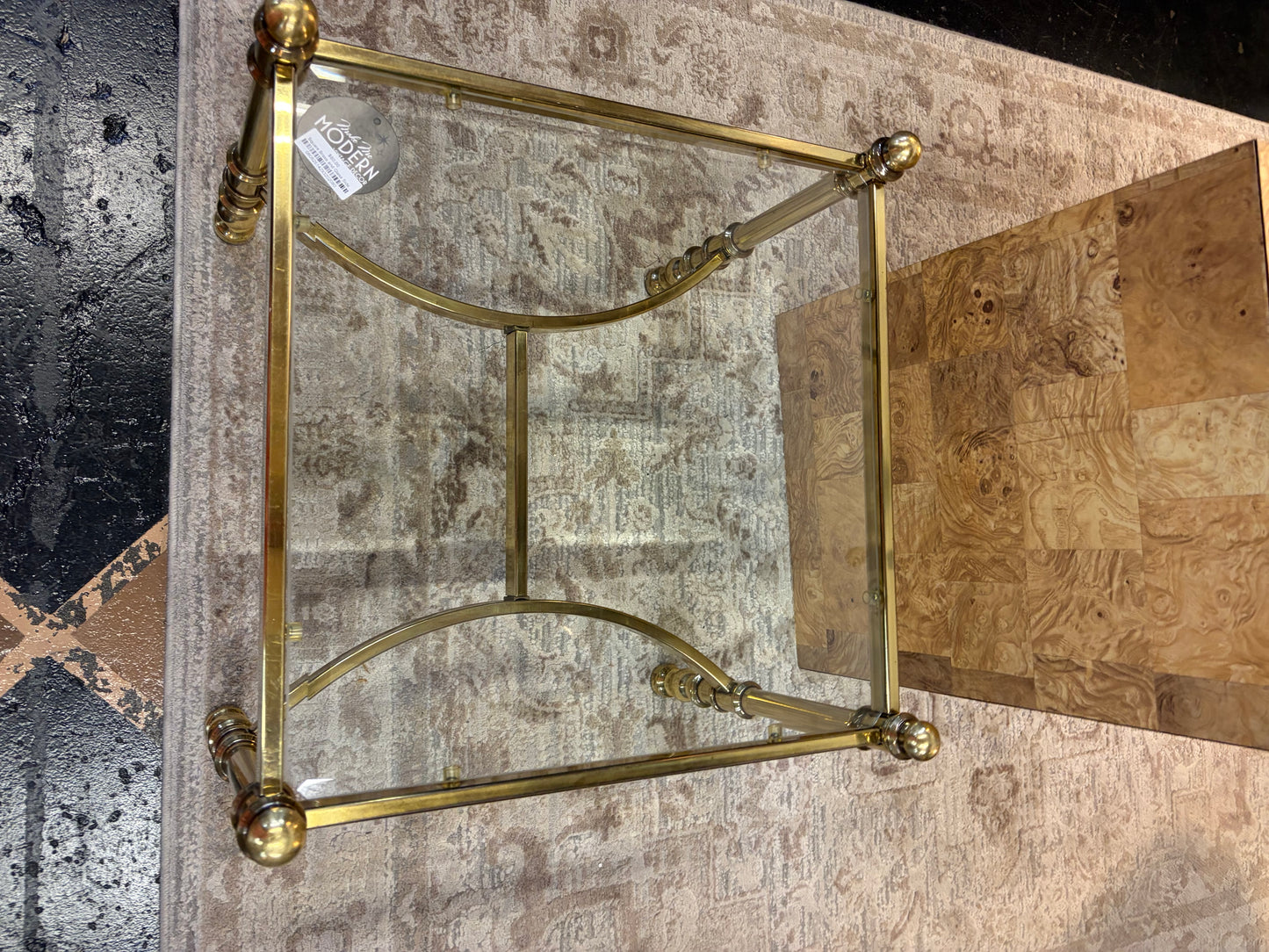 Square Brass and Glass Side Table with H Bottom
