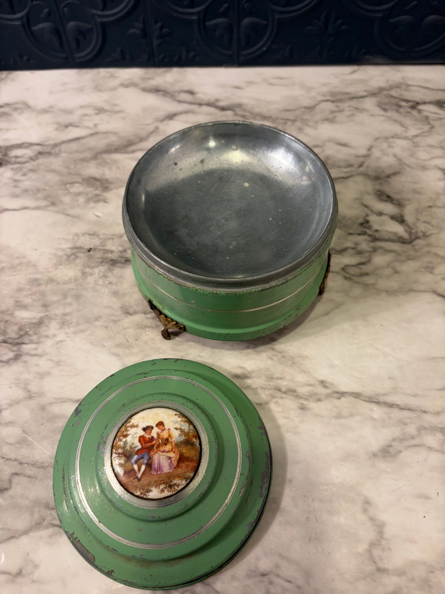 Teal Metal Antique Powder Box