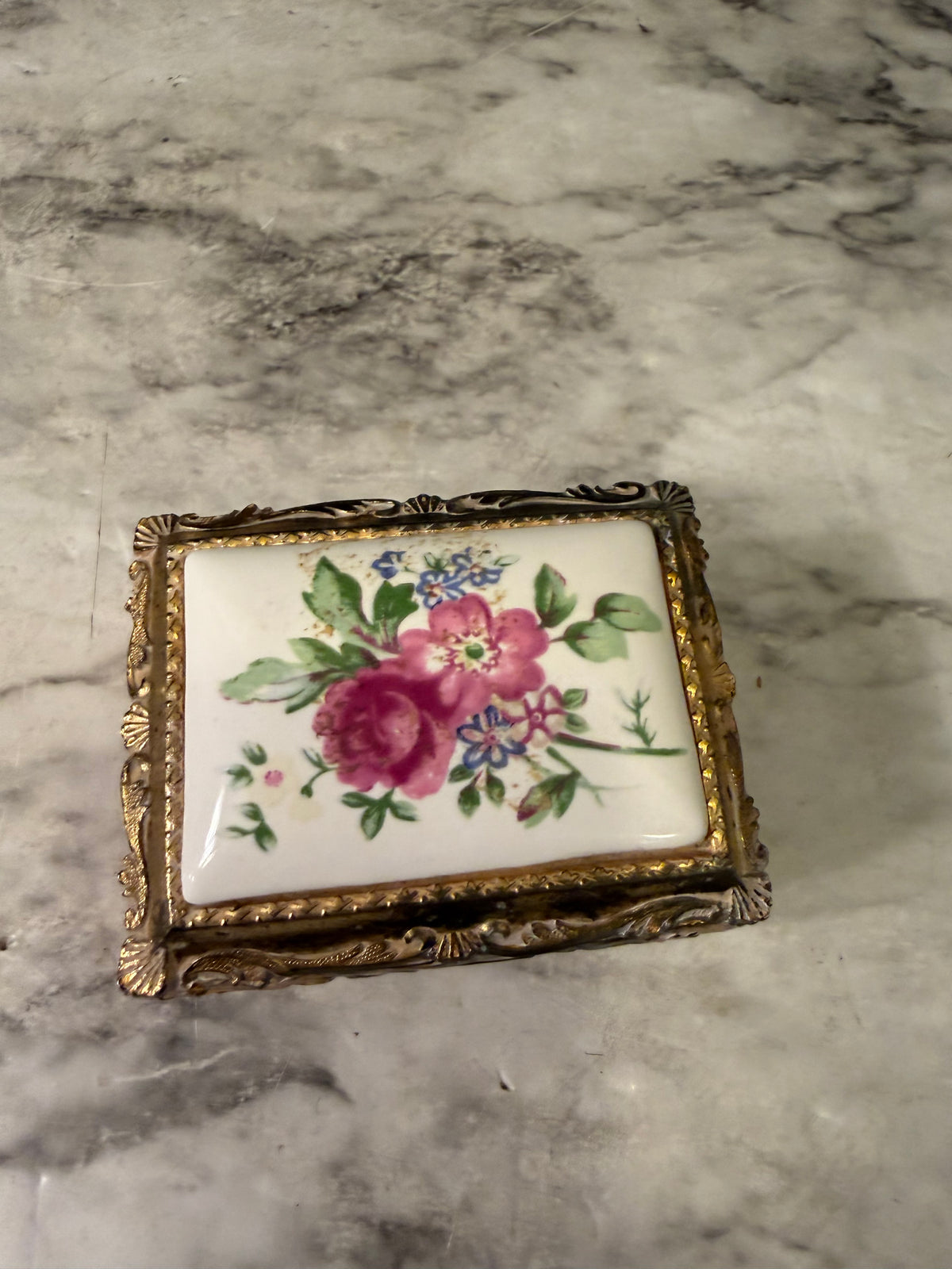 Cast Metal Trinket box with Porcelain Rose Top