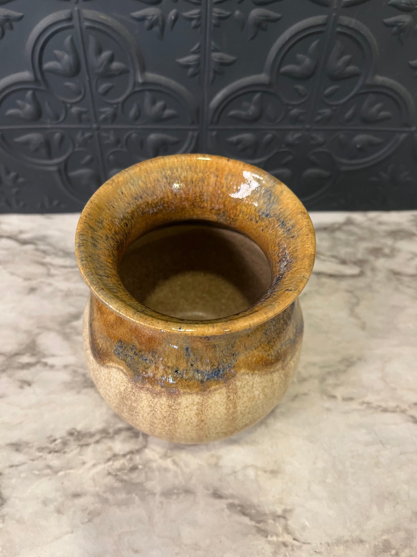 Studio Pottery Pot with brown drip glaze