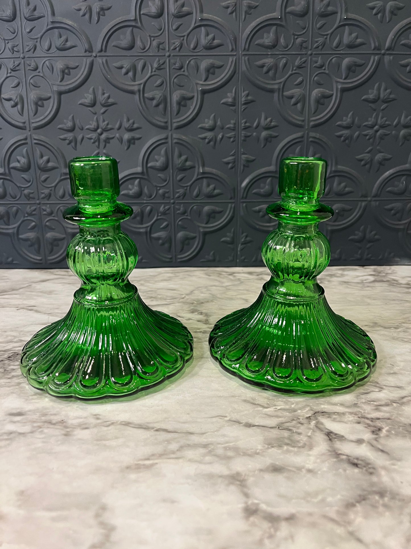 Green Glass Candle Holders x 2
