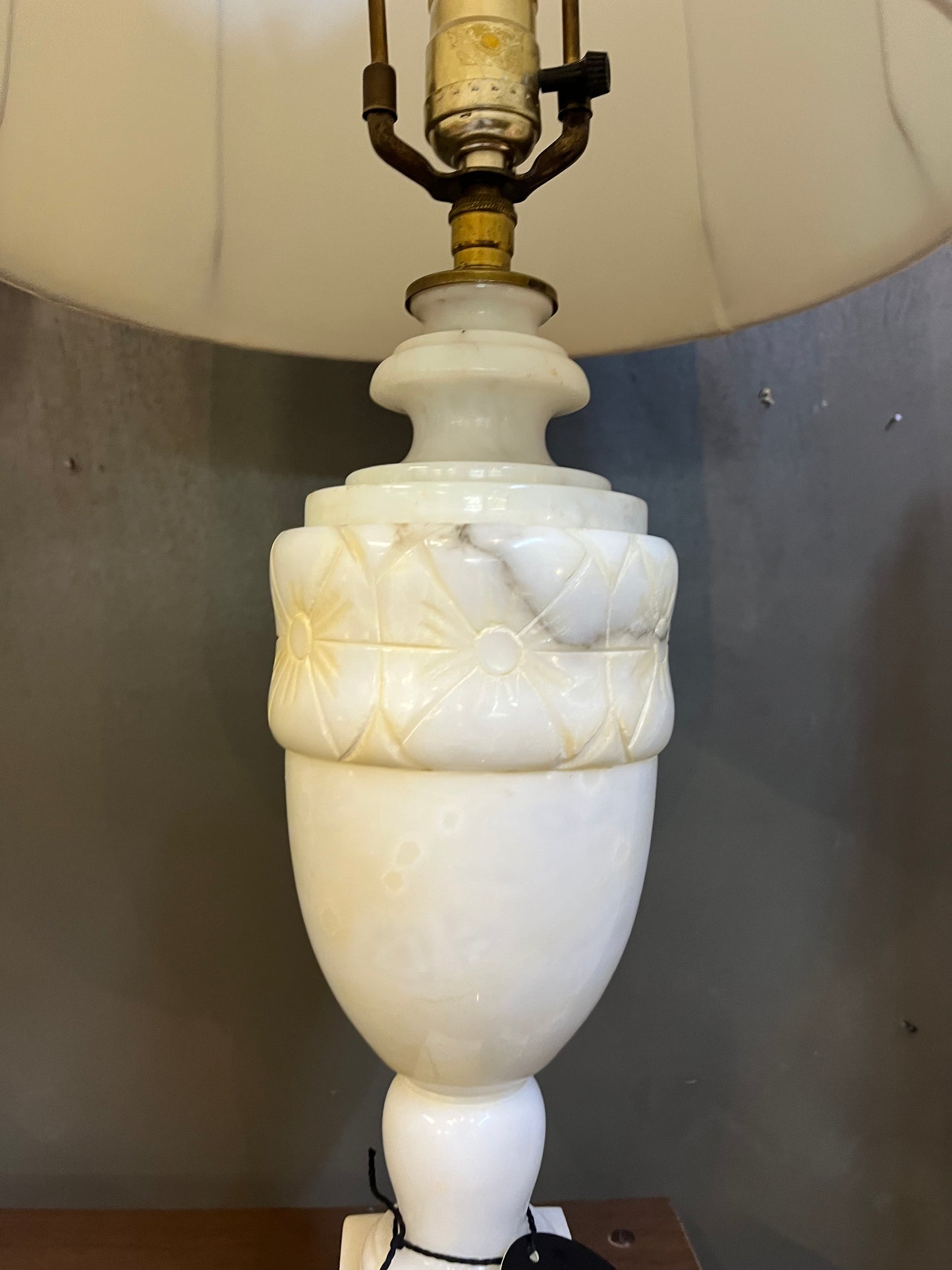 White Alabaster stone lamp with carved flowers