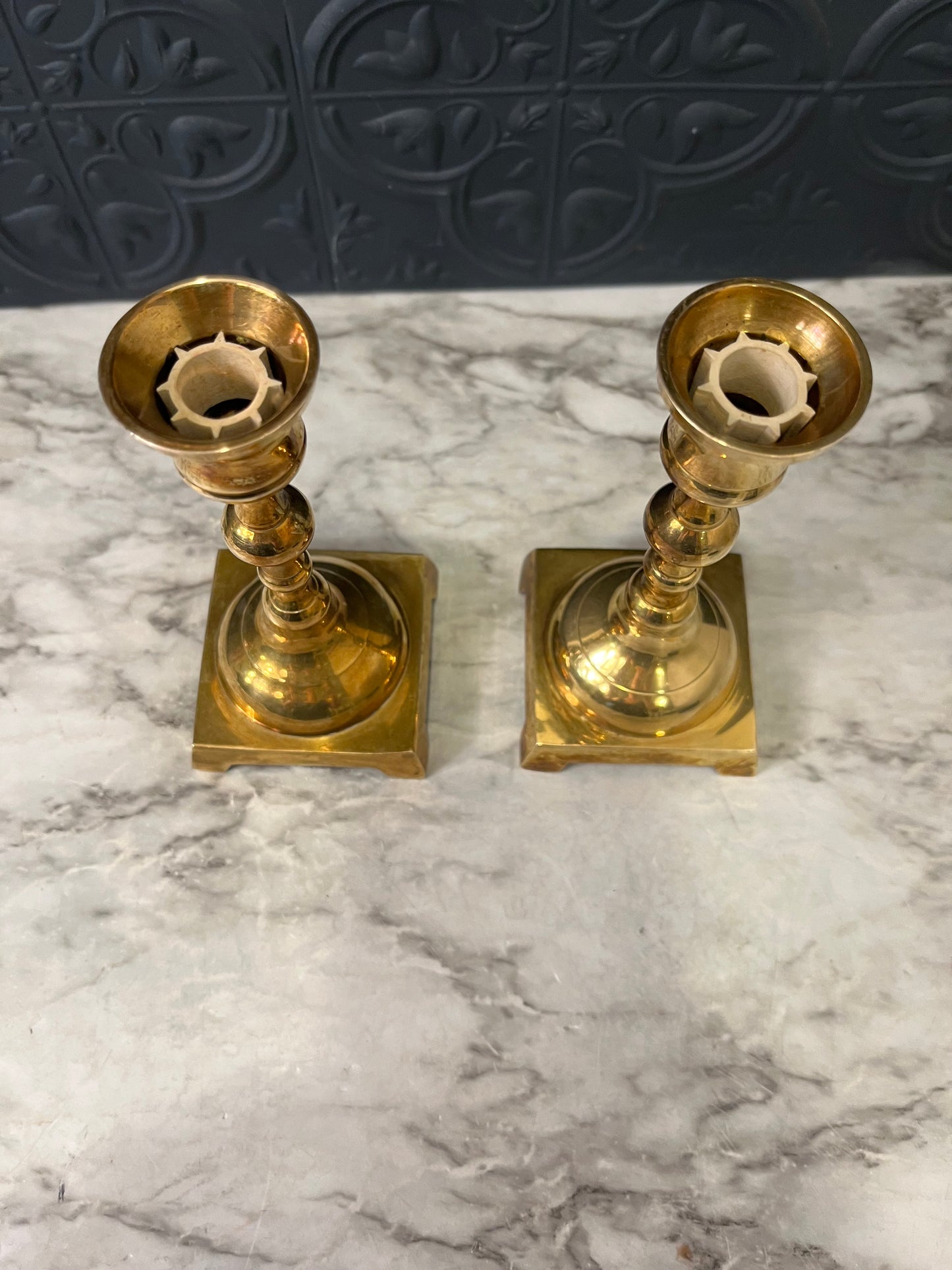 Set of 2 Brass Candle Holders Square Base 5.5