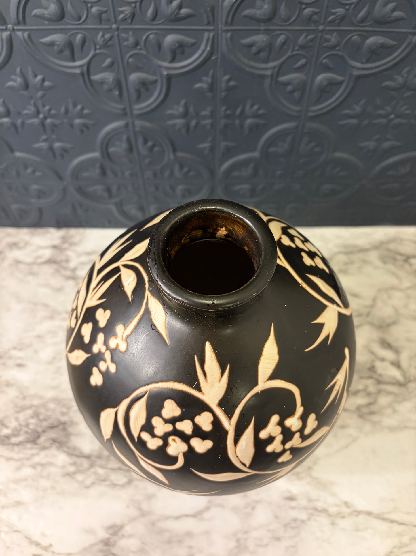 Black and Tan Ceramic Vase with Leaf Pattern
